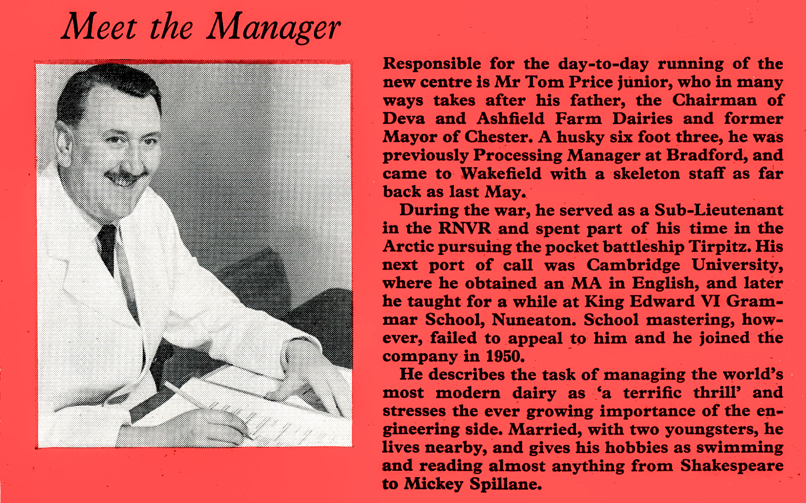 1958 Wakefield Dairy opens-profile of Tom Price, Manager. (Express News December)