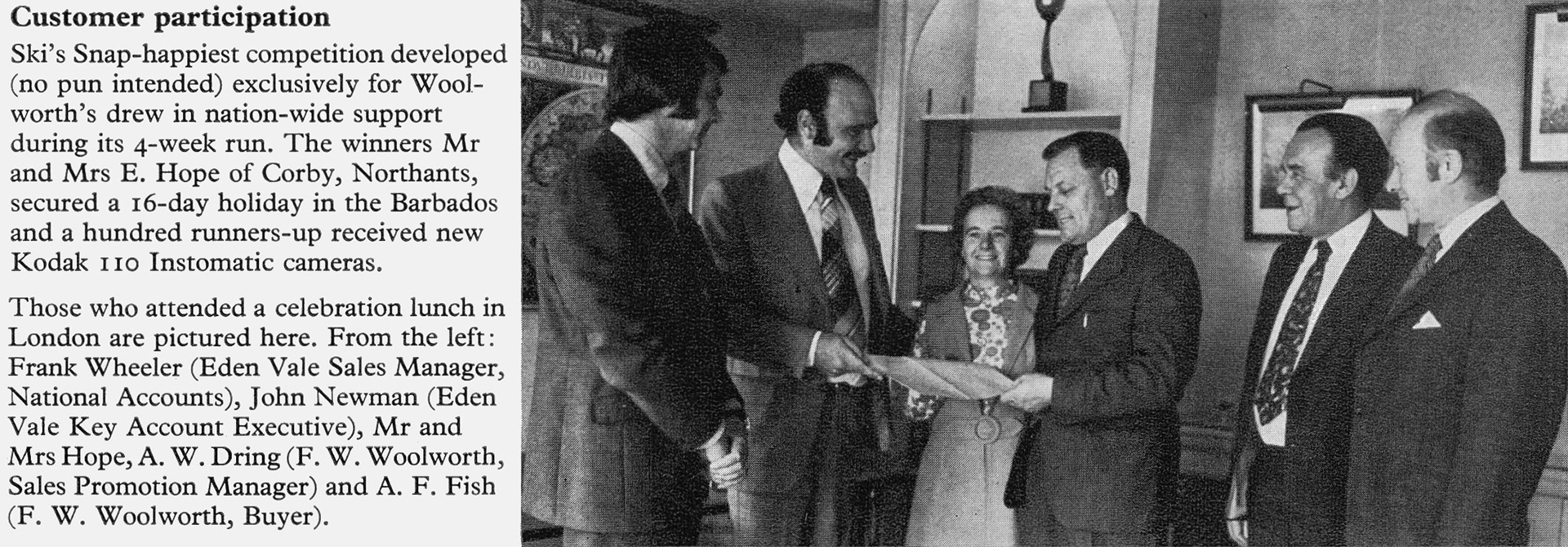 1974 Ski holiday competition winners with Frank Wheeler (Eden Vale National Accounts Manager) and John Newman (Key Account Executive) on the left.  (Express News Christmas)