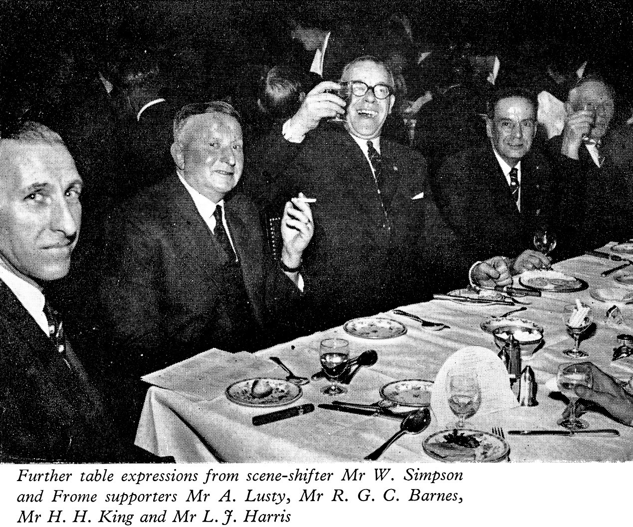 1961 Long Service Dinner at Fortt's Restaurant, Bath, with Mr W. Simpson (T.H. Lewis) and Frome staff Mr A. Lusty, Mr R.G.C. Barnes, Mr H.H. King and Mr L.J. Harris. (LSA Annual Review)