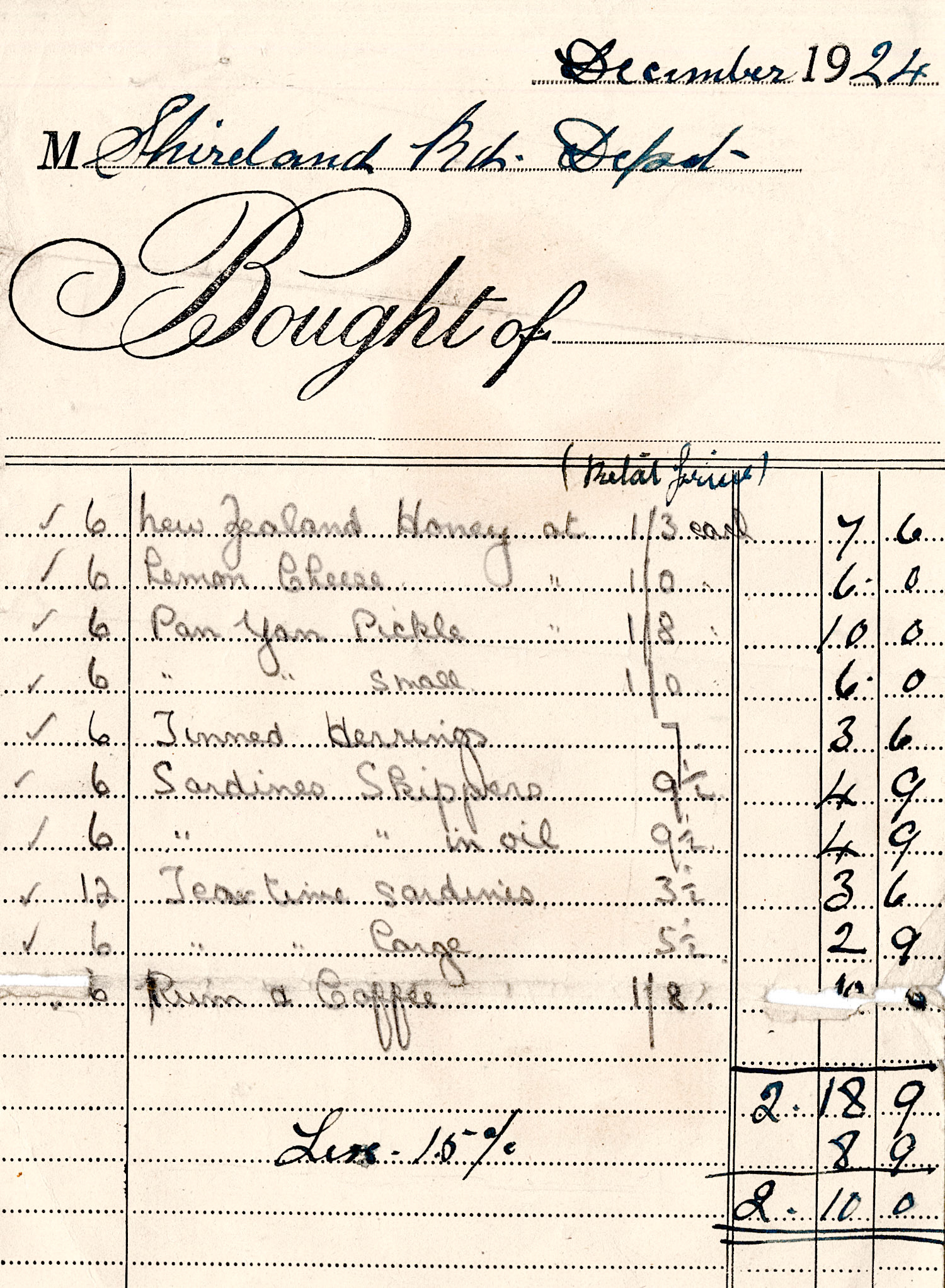 1924 Invoice for food and drink supplies for Shirelands Depot, Smethwick, Birmingham. Possibly for a function of some sort.