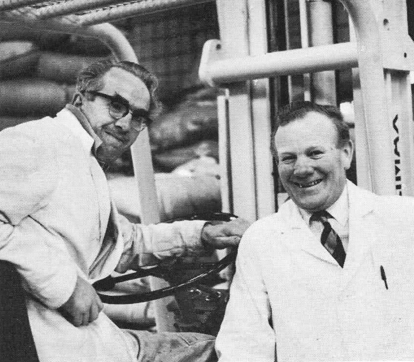 1969 Goldhanger Fruit Farms. From the house magazine of Cadbury Schweppes who had just acquired Goldhanger Fruit Farms. On the right is Cyril Ponder, Raw Materials foreman, in charge of hundreds of tons of raw materials each week. (Courtesy Lee Morrison)