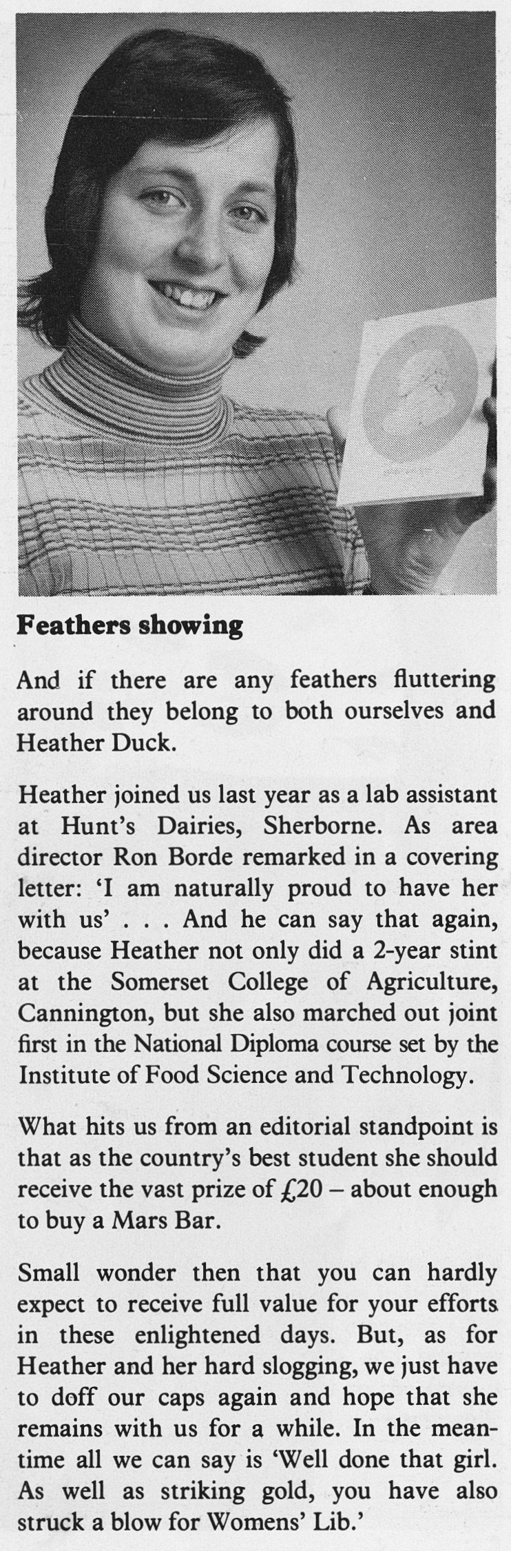 1977 Heath Duck from Sherborne came first in the Diploma Course at Cannington.