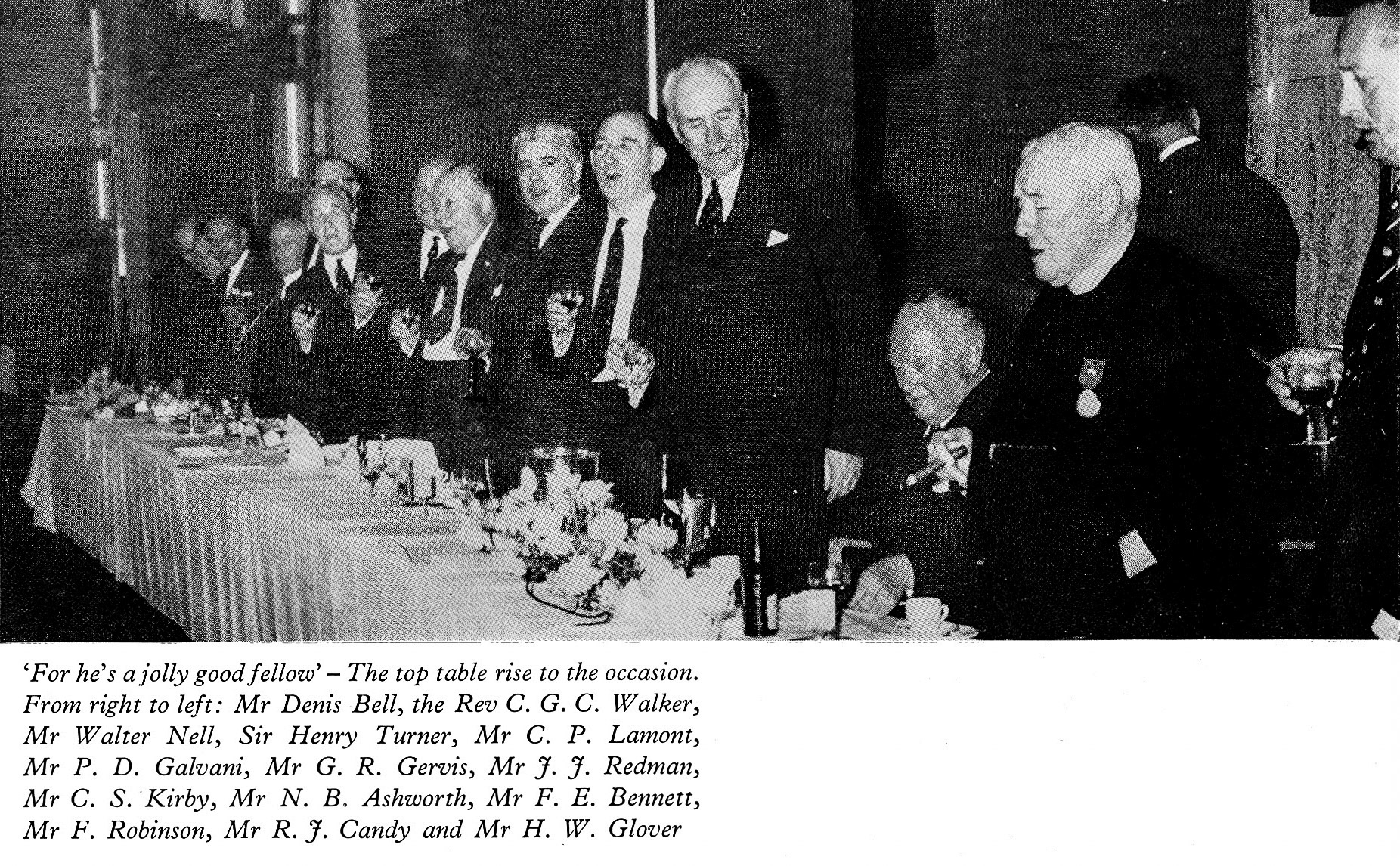 1961 Long Service Dinner at The Grosvenor Rooms,-Mr Denis Bell, Rev C.G.C. Walker, Walter Nell, Sir Henry Turner, Mr C.P. Lamont, Mr P.D. Galvani, Mr G.R. Gervis, Mr J.J. Redman, Mr C.S. Kirby, Mr N.B. Ashworth, Mr F.E. Bennett, Mr F. Robinson, Mr R.J. Candy, Mr H.W. Glover. (LSA Annual Review)