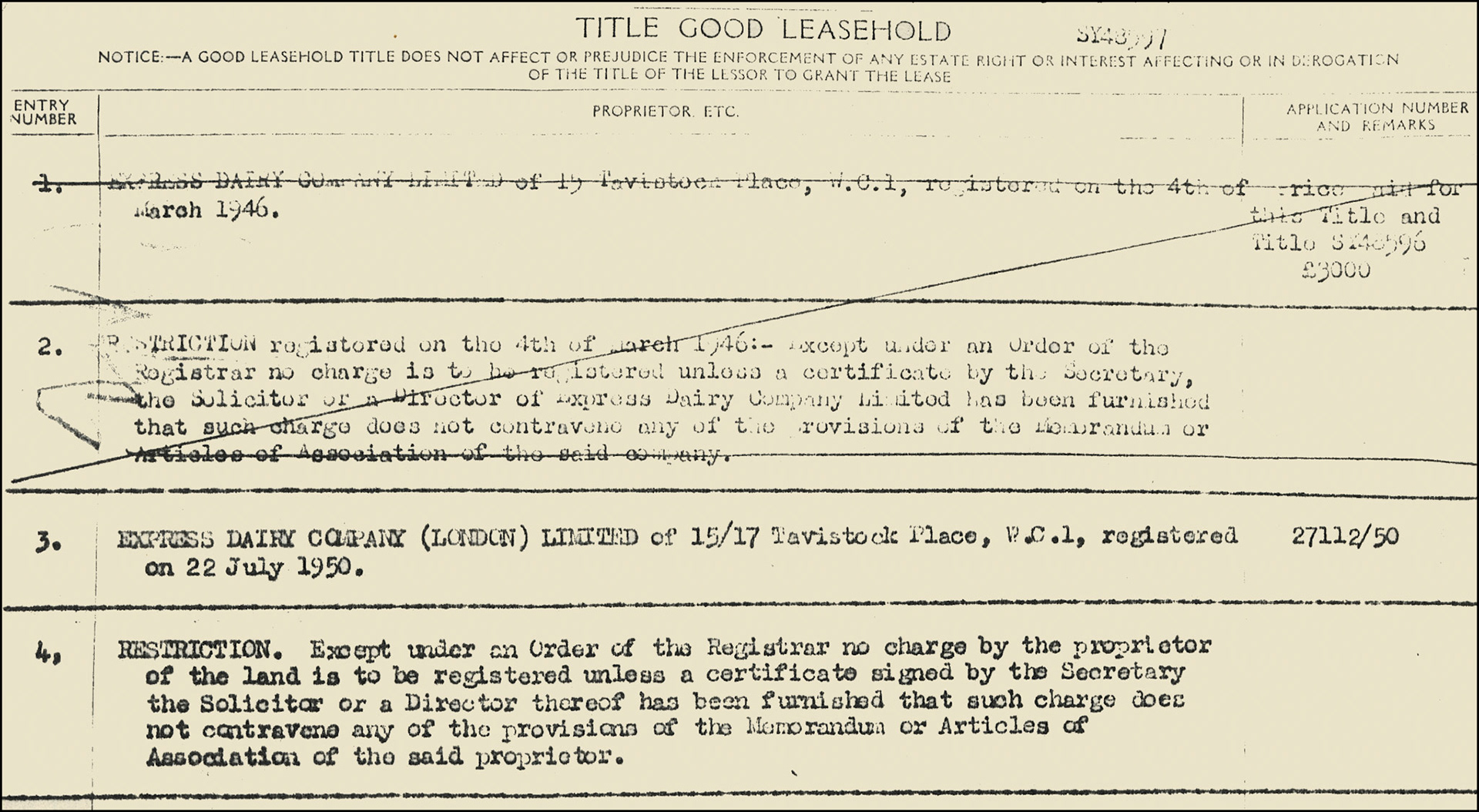 1946 Express Dairy purchase of properties (transferred to Express Dairy Company (London) Ltd in 1950.