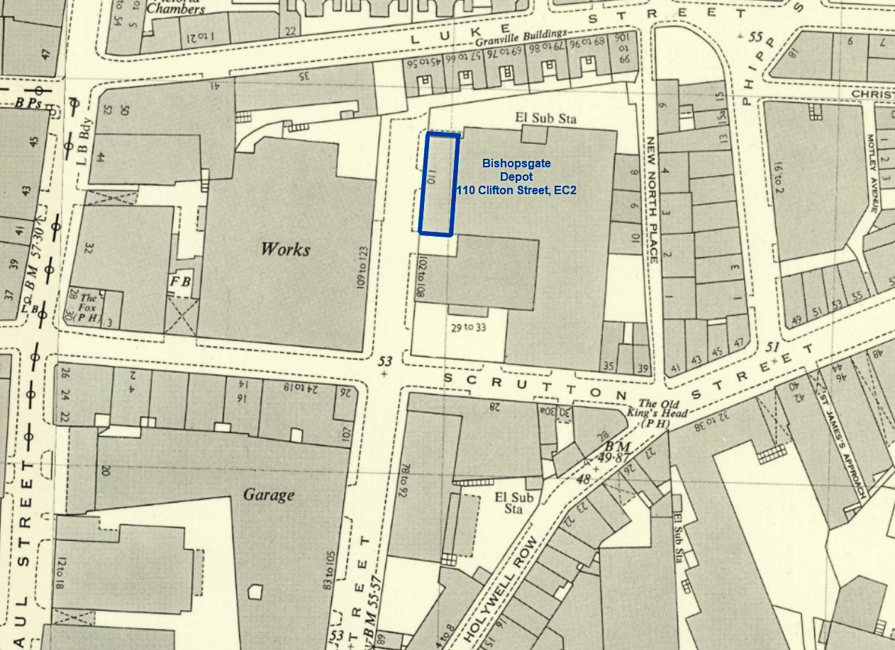 1968 Bishopsgate Depot Location, 110 Clifton Street, EC2 (Courtesy National Library of Scotland)