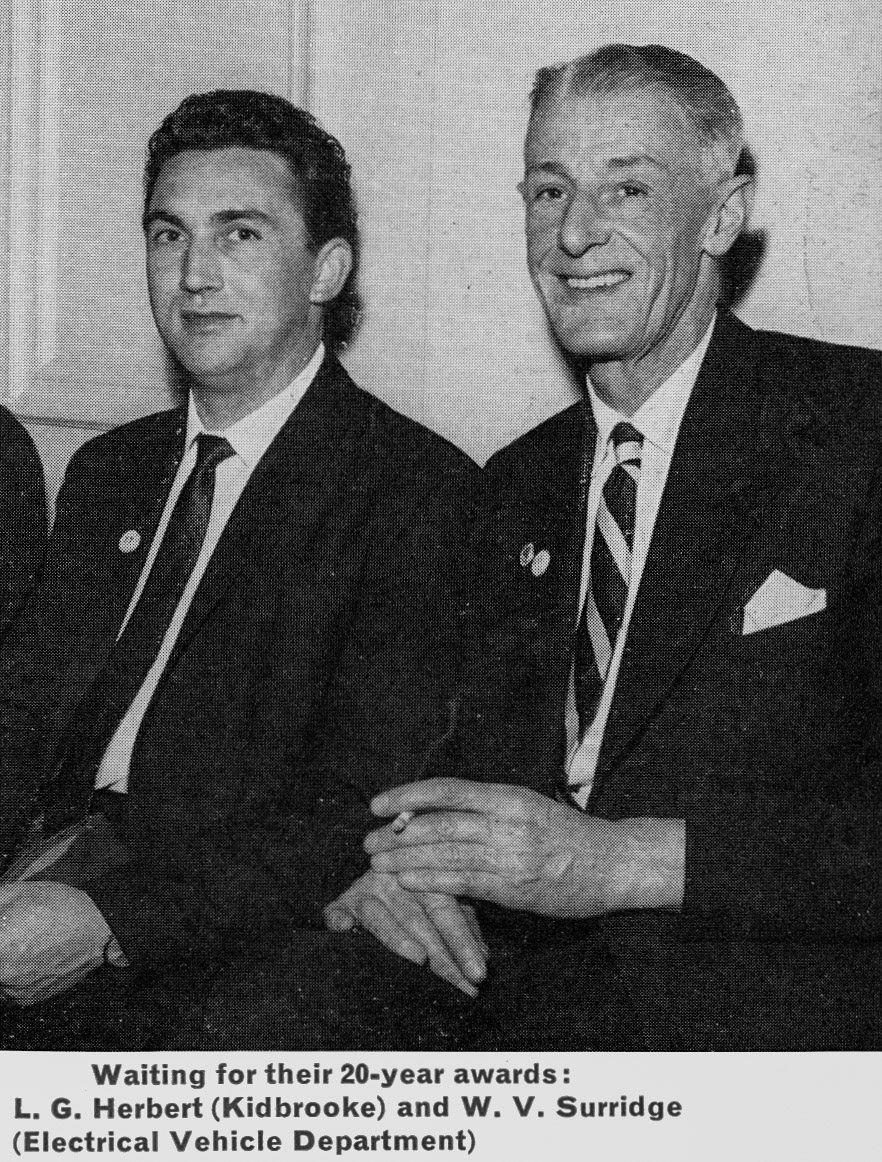 1967 L.G. Herbert (Kidbrooke) and W.V.Surridge (EVM) collect 20-year awards at Long Service Dinner. Paul Batchelor comments "Bill Surridge, as we knew him, used to work at Sundridge Park workshops-I remember him well. I remember Les Herbert when he worked at Blackheath depot." (Express News Summer)