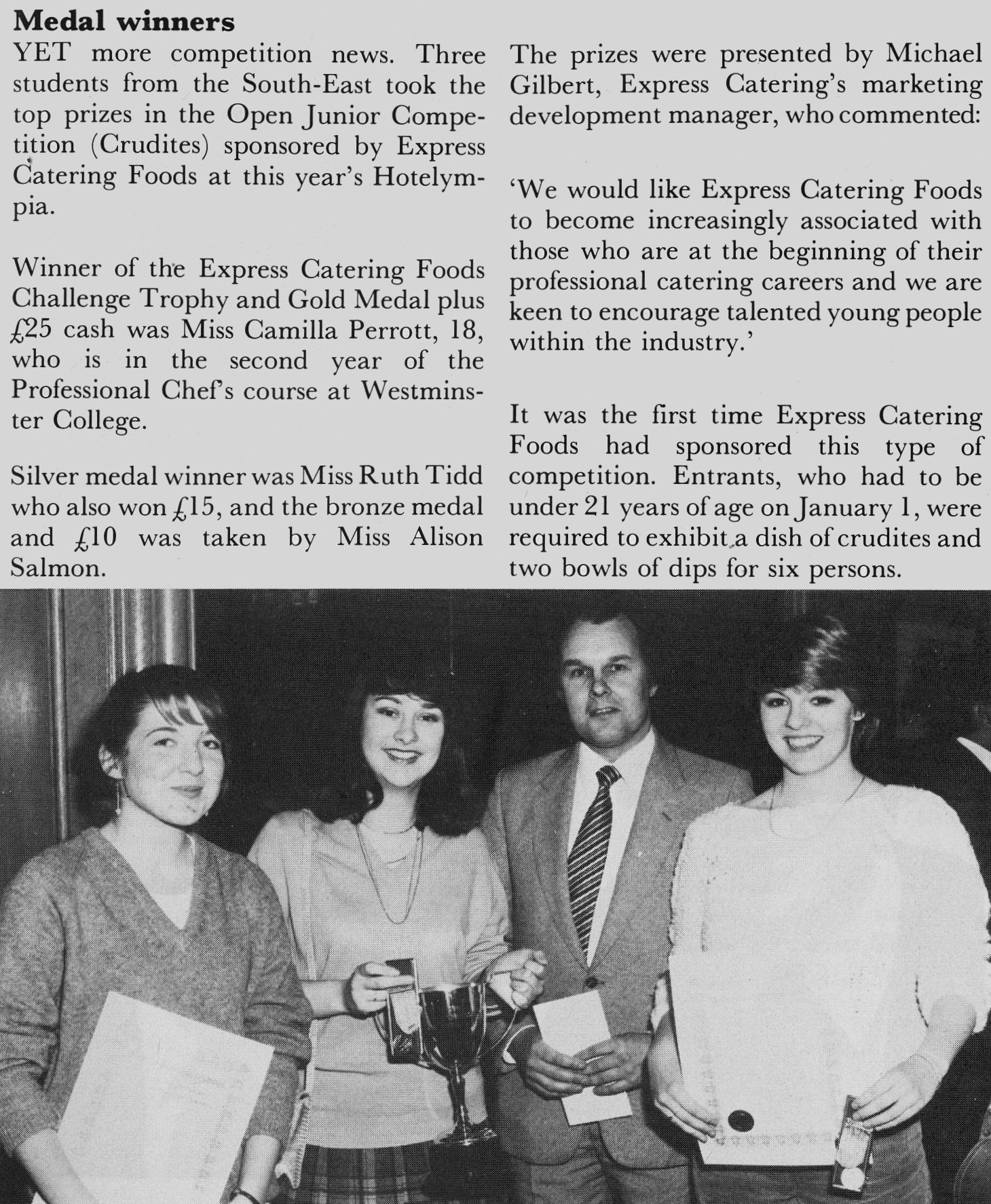 1982 Express Catering Foods sponsored awards at Hotelympia, won by Camilla Perrott, Ruth Tidd and Alison Salmon. (Express News April)