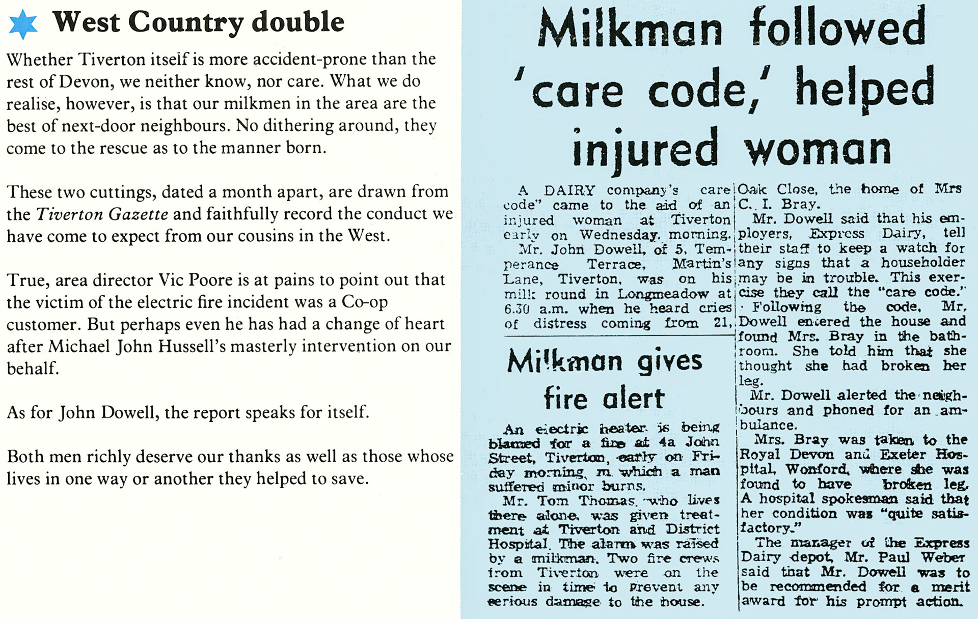 1978 Tiverton milkmen John Dowell and Michael John Hussell hit the news. Express News Spring)