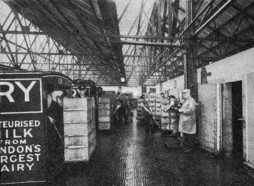 1930's Cricklewood-Loading Bank. 'A peep behind the scenes of the Express Dairy, Claremont Road, Cricklewood - The largest dairy in Great Britain' (From 'While London Sleeps' booklet.