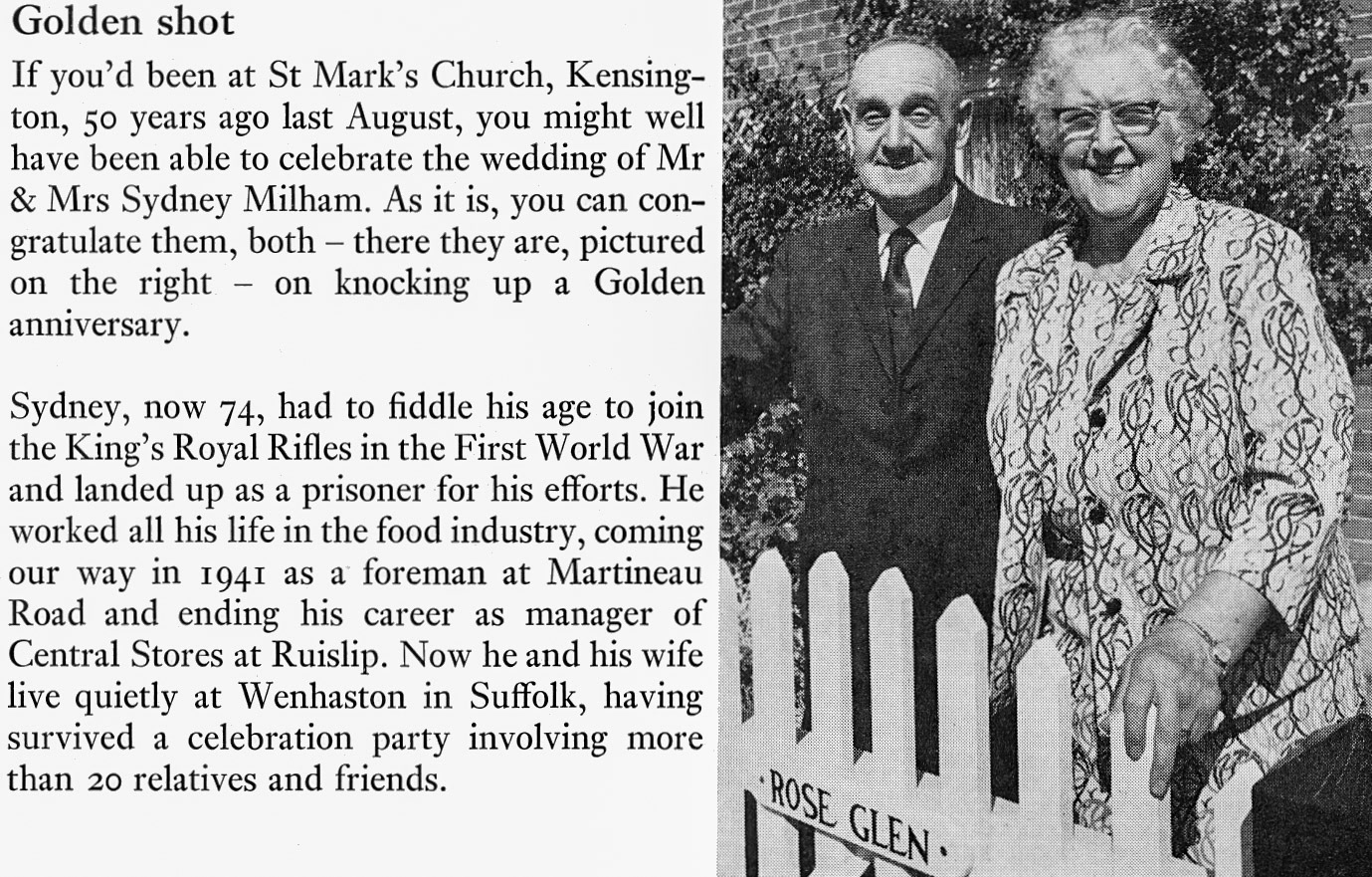 1971 Ruislip Central Stores Manager Sydney Milham and his wife celebrate 50 years together. (Express News Christmas)