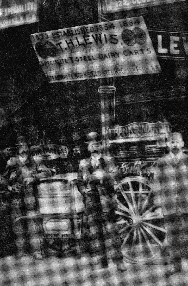 1890 Dairy Show, Thomas Henry Lewis, the founder of TH Lewis, stands bareheaded with his two sons.  (From Express News 1958-September)