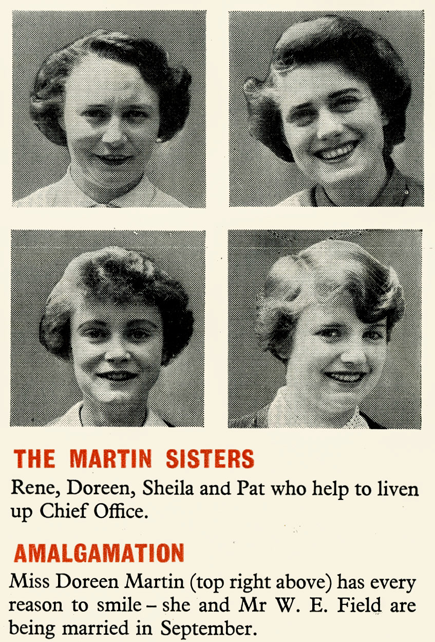 1956 Rene, Doreen, Sheila and Pat Martin, all sisters, work at Tavistock Place. Doreen is to be married later that year.  (Express News July)