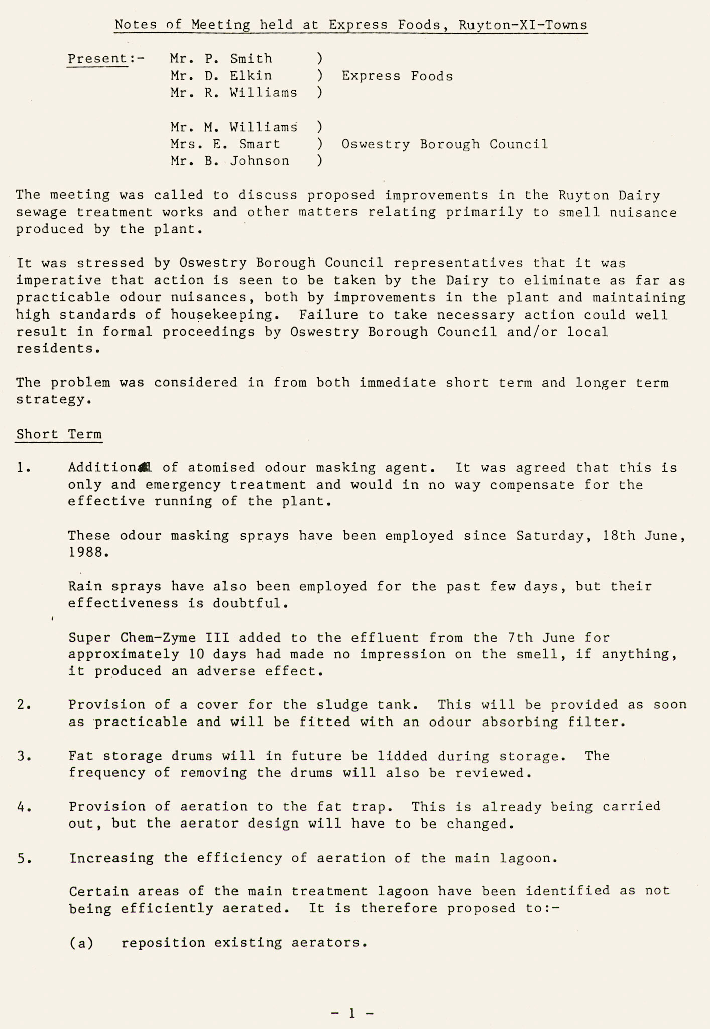 1988 meeting minutes between Express Foods management (P. Smith, D. Elkin, Ray Williams) and Oswestry Borough Council (M. Williams, E. Smart, B. Johnson), discussing short and longer-term measures to improve the odour from the effluent plant. (Ruyton Co-operative Dairies Archive)