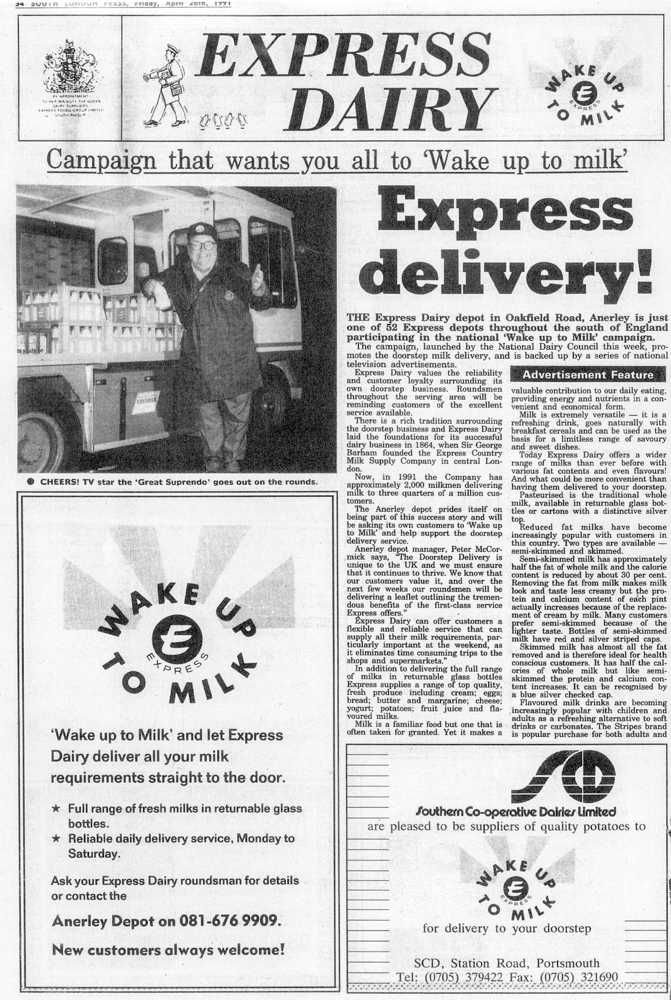 1991 'Wake up to Milk' campaign in the 'South London Press' (Courtesy Paul Luke)