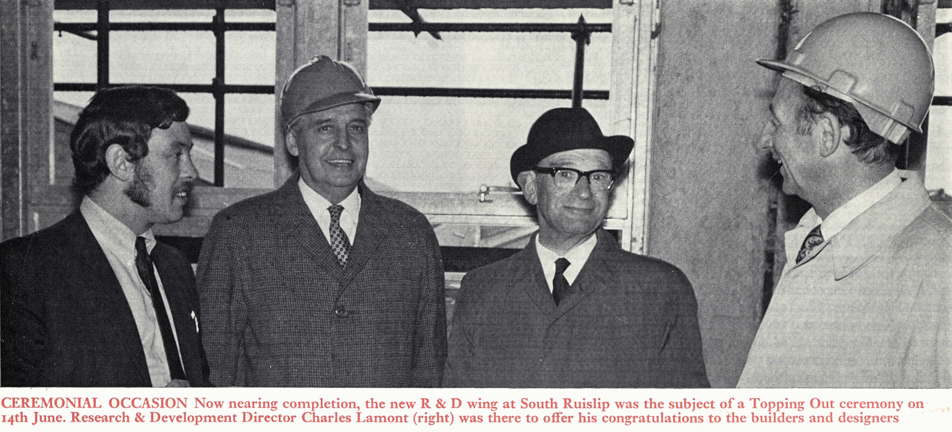 1971 South Ruislip Topping Out ceremony for the new R&amp;D Block X with Charless Lamont (Courtesy Doreen Williams)