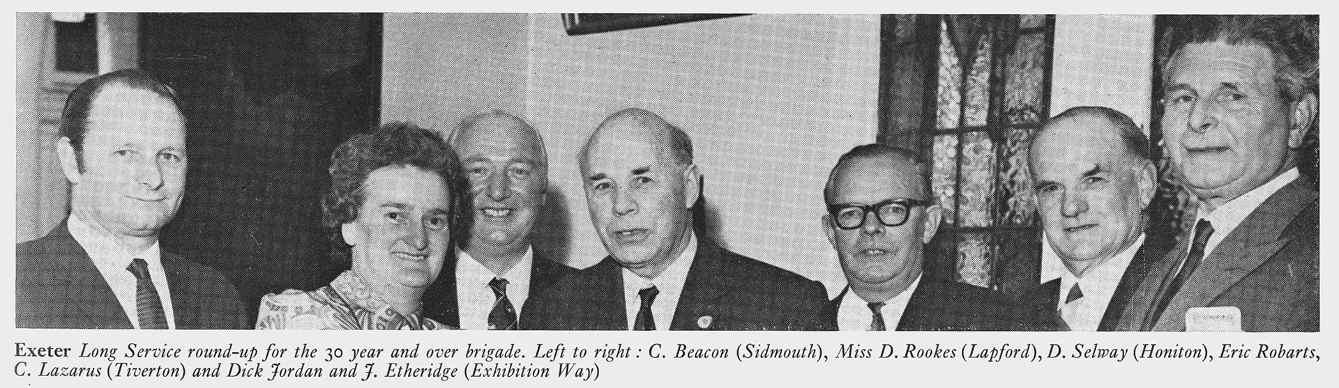 1972 C. Beacon (Sidmouth), Miss D. Rookes (Lapford), D. Selway (Honiton), Eric Robarts, C. Lazarus (Tiverton), Dick Jordan and J. Etheridge (Exhibition Way) at Exeter Merit and Service Dinner.(Express News Summer)