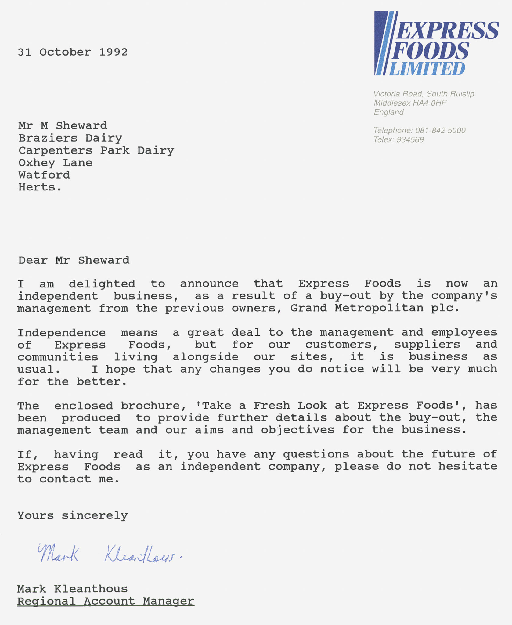1992 Letter explaining buy-out of Express Foods from Grand Met, from Mark Kleanthous, Regional Account Manager, to Braziers Dairy. (Courtesy Paul Luke)