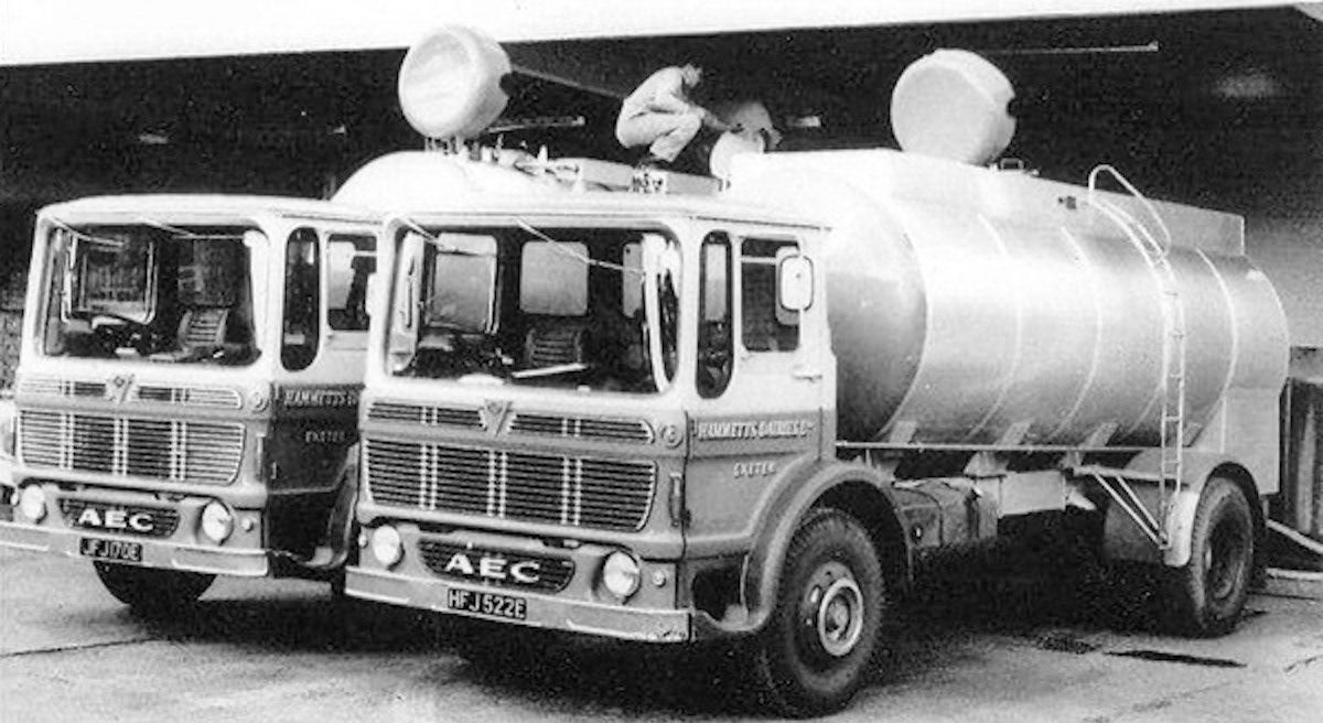 1975-6 Exeter JFJ 170E and HFJ 522E. Ray Hall comments "Hammetts AEC tankers at Exhibition Way." (Courtesy Ray Hall)