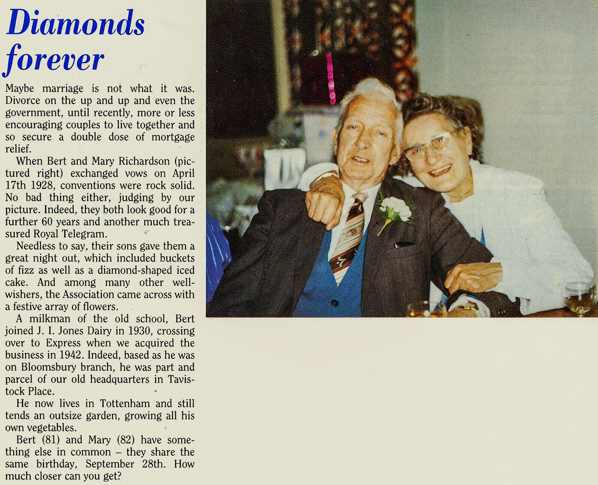 1988 Ex-Bloomsbury milkman Bert, and Mary Richardson celebrate their diamond wedding. (August Express News)