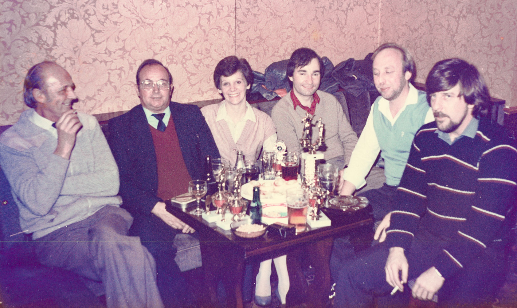 1980s Social Evening at 'The Farwig' pub, opposite Bromley Processing. George Cavill (Manager), 'Bootsie', Jeanette (Canteen Lady), Mike Smith, Colin Bristow, Reg Ball. (Picture by Reg Ball, on loan from Colin Bristow)