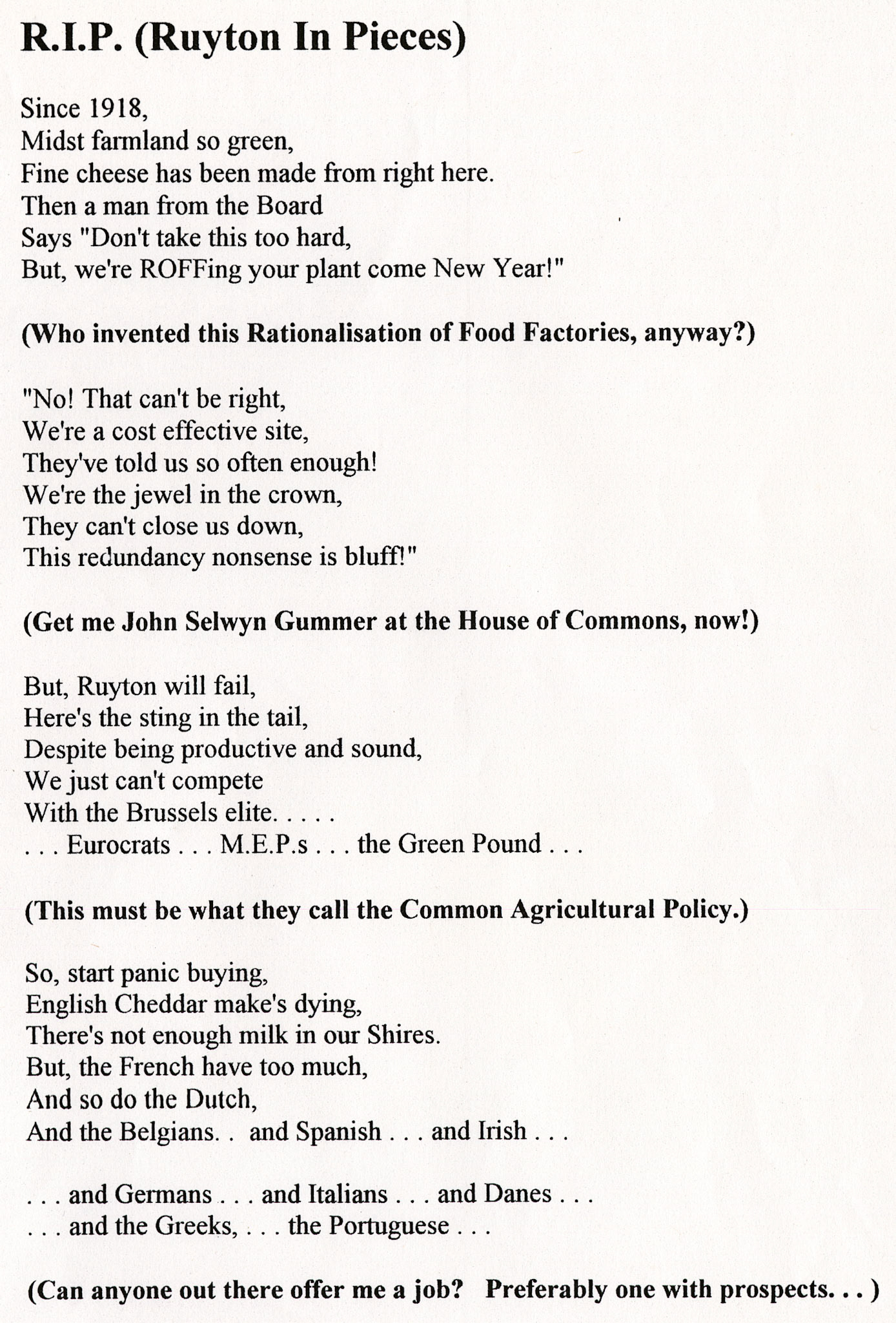 1993? Poem, likely written at the time of the closure announcment, unknown author. (Courtesy Ruyton Co-operative Dairies Archive)