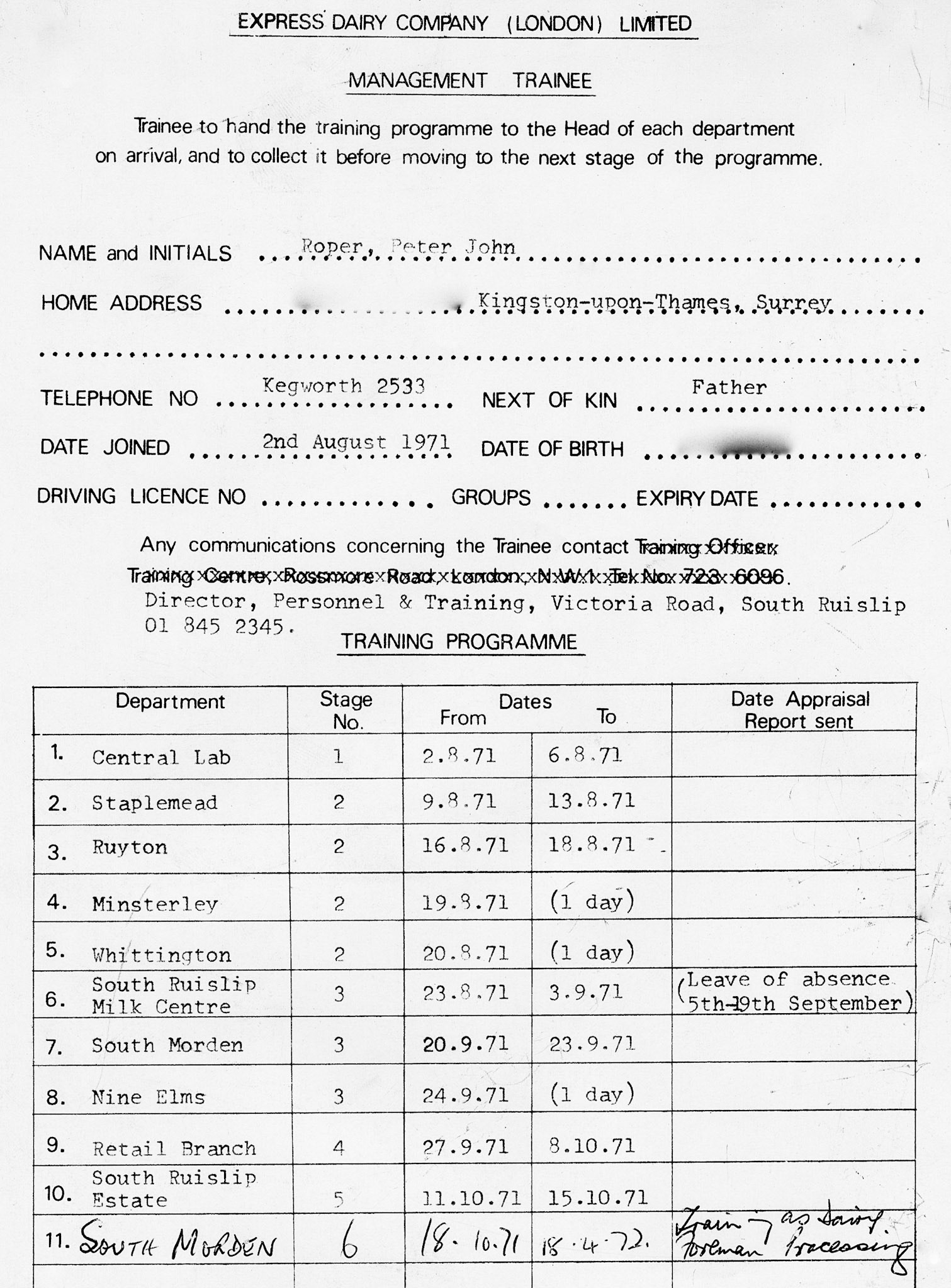 1971 Peter Roper's management trainee programme