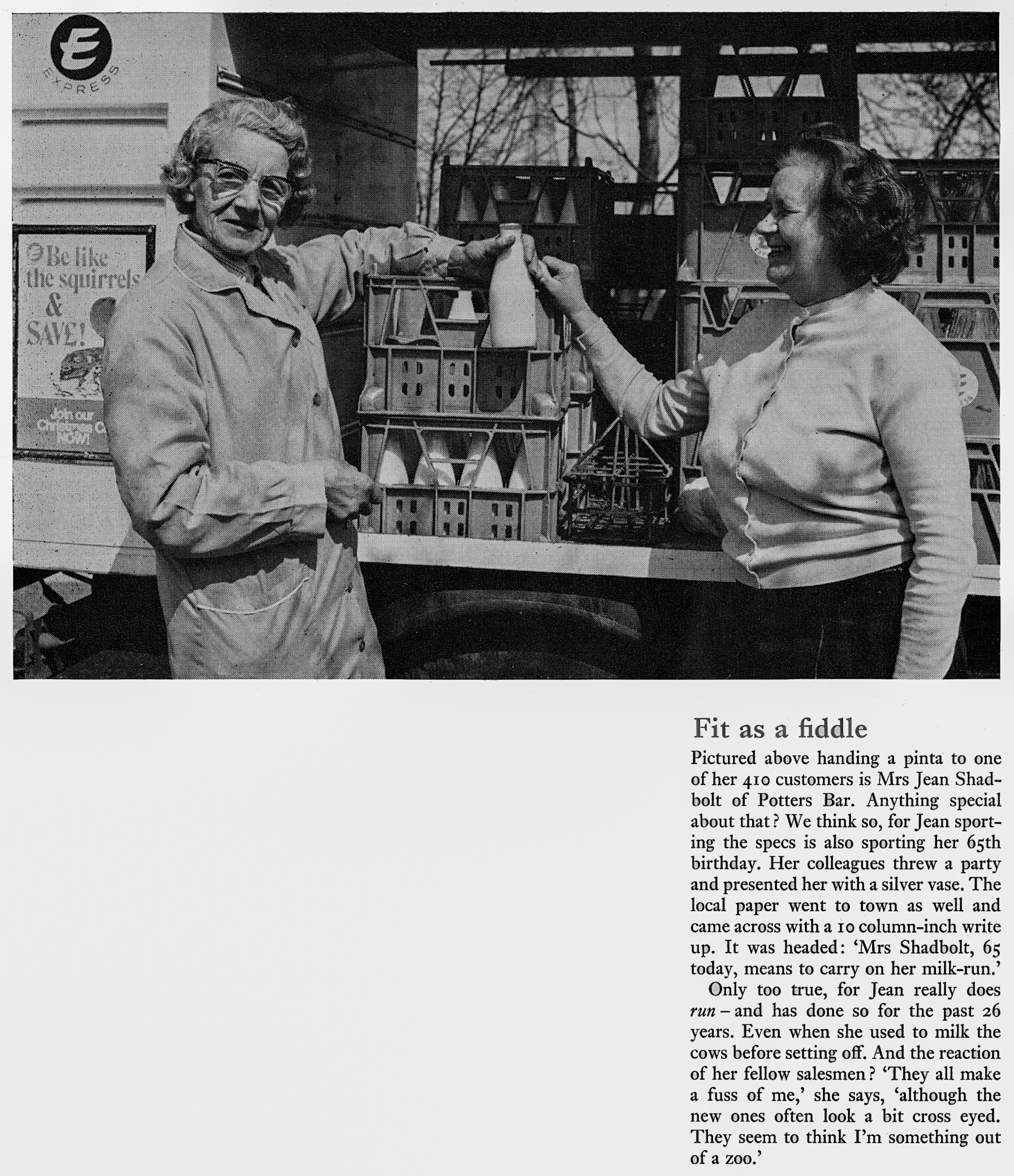 1970 Potters Bar milk lady Jean Shadbolt carries on with her milk round after her 65th Birthday (Courtesy Doreen Williams)