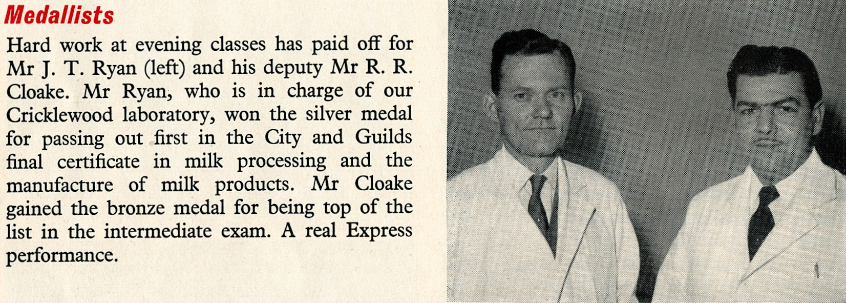 1959 Cricklewood Laboratory managers Messrs Ryan and Ron Cloake receive City &amp; Guilds Awards