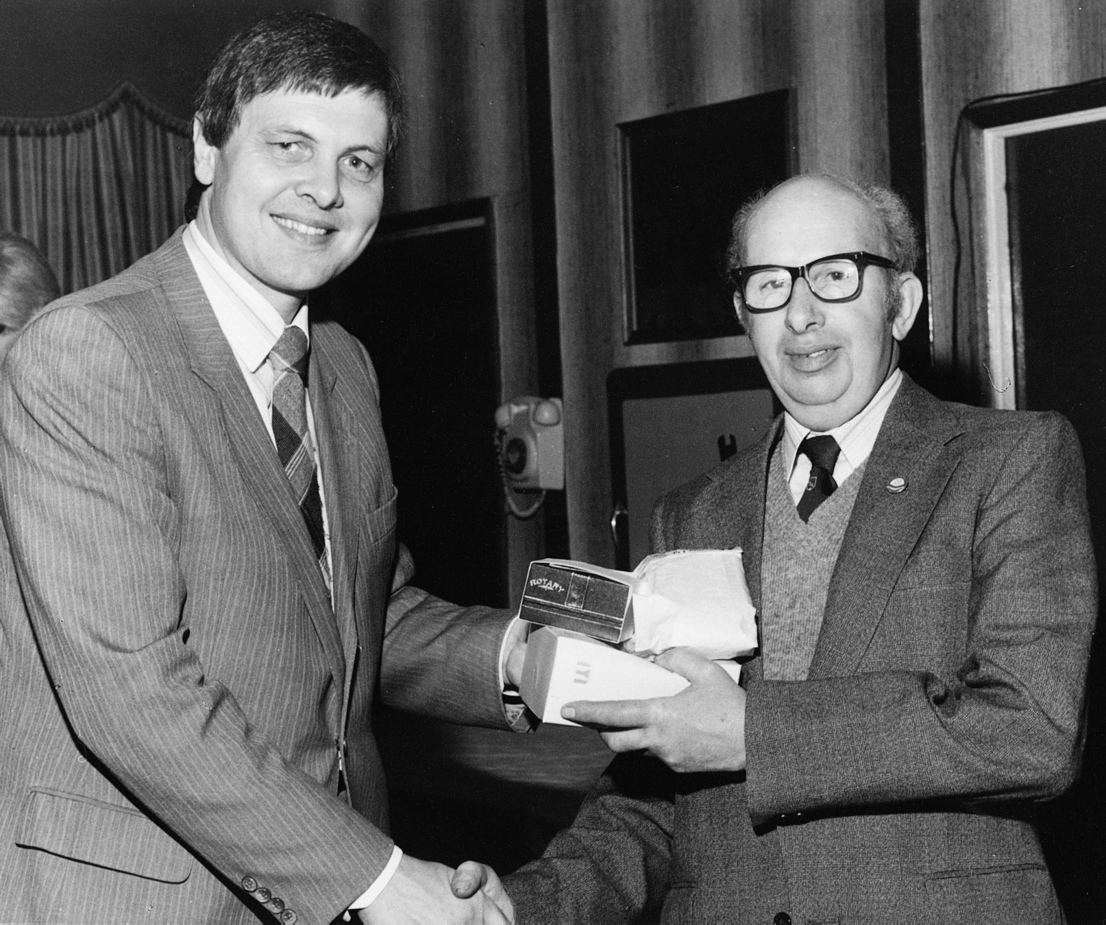 1983 Joe Lyons receives 25 Year award for service at Minsterley Creamery. Ric Maurice comments "It's great to see Joe Lyons credited for these lovely photos. I remember Joe as an important member of Rea Valley Camera Club in the 90s. I have a few papers from my membership of RVCC in those days, including a very brief biography that Joe had written with emphasis on his photographic interest." (Joe Lyons Collection)