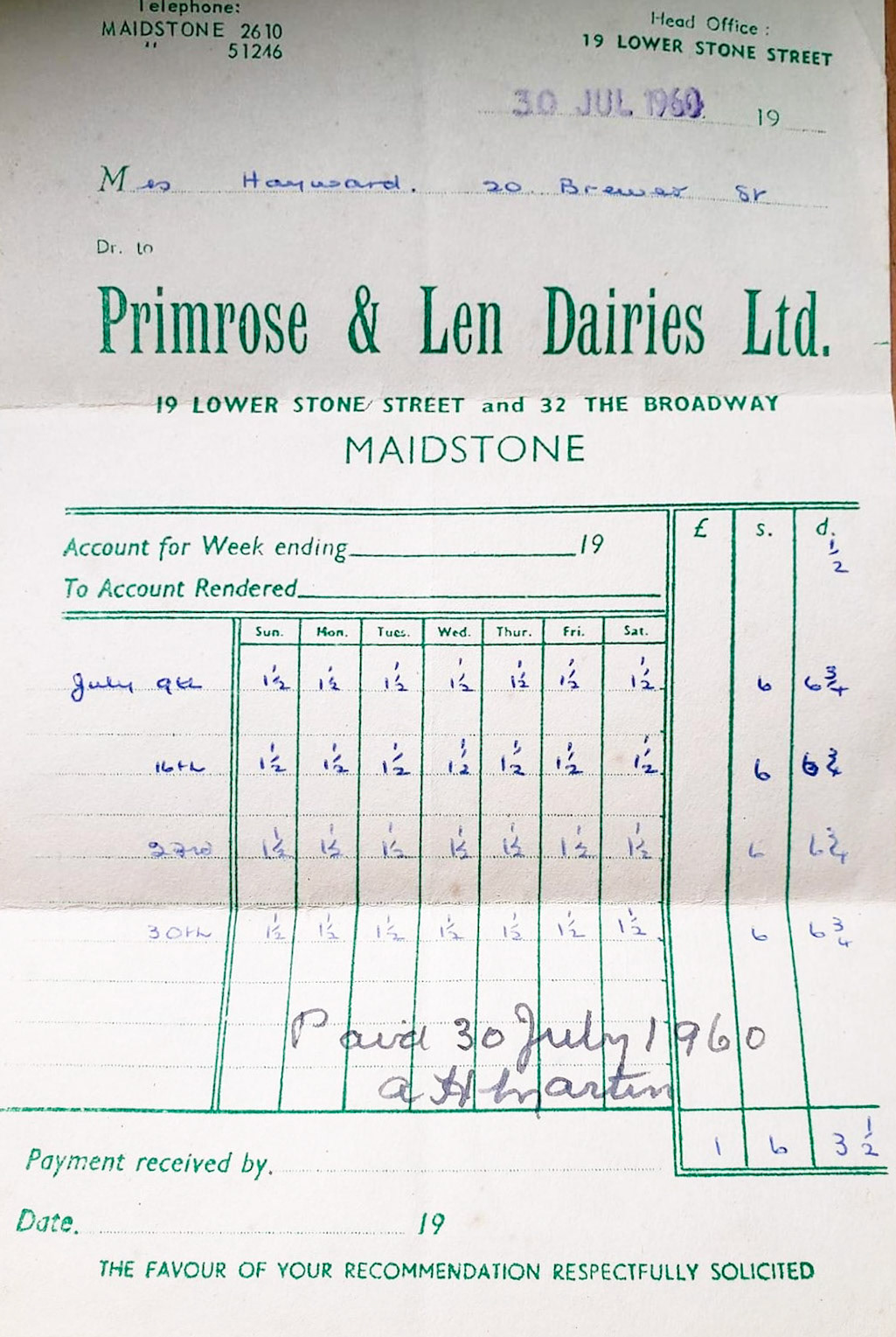 1960, Primrose and Len Dairies Receipt (Courtesy Jill Hayward0