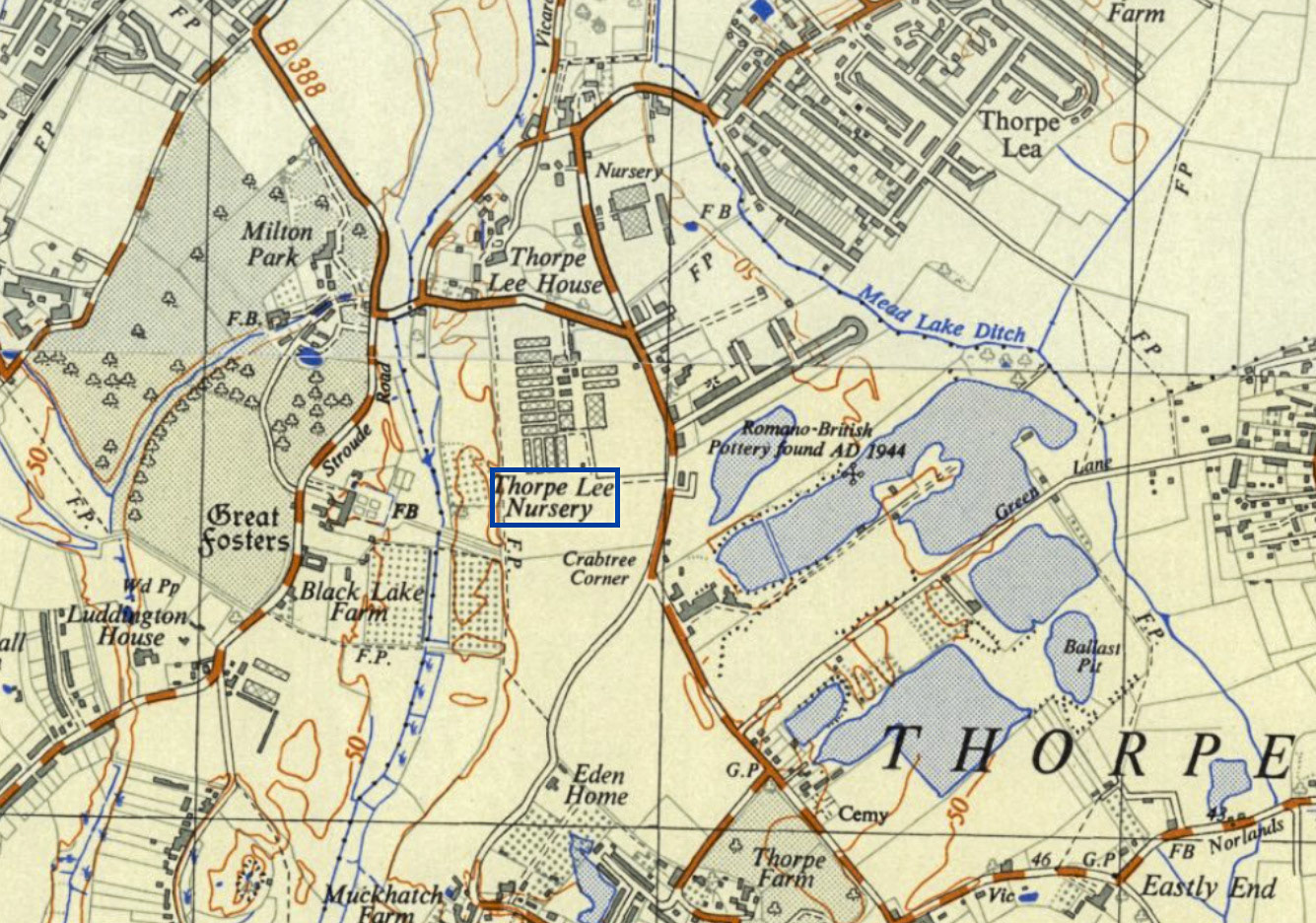 1955 Location of Thorpe Lea Nursery. The M25 now passes over the site, together with the Thorpe Lea fishlng lake. (Courtesy National Library of Scotland)