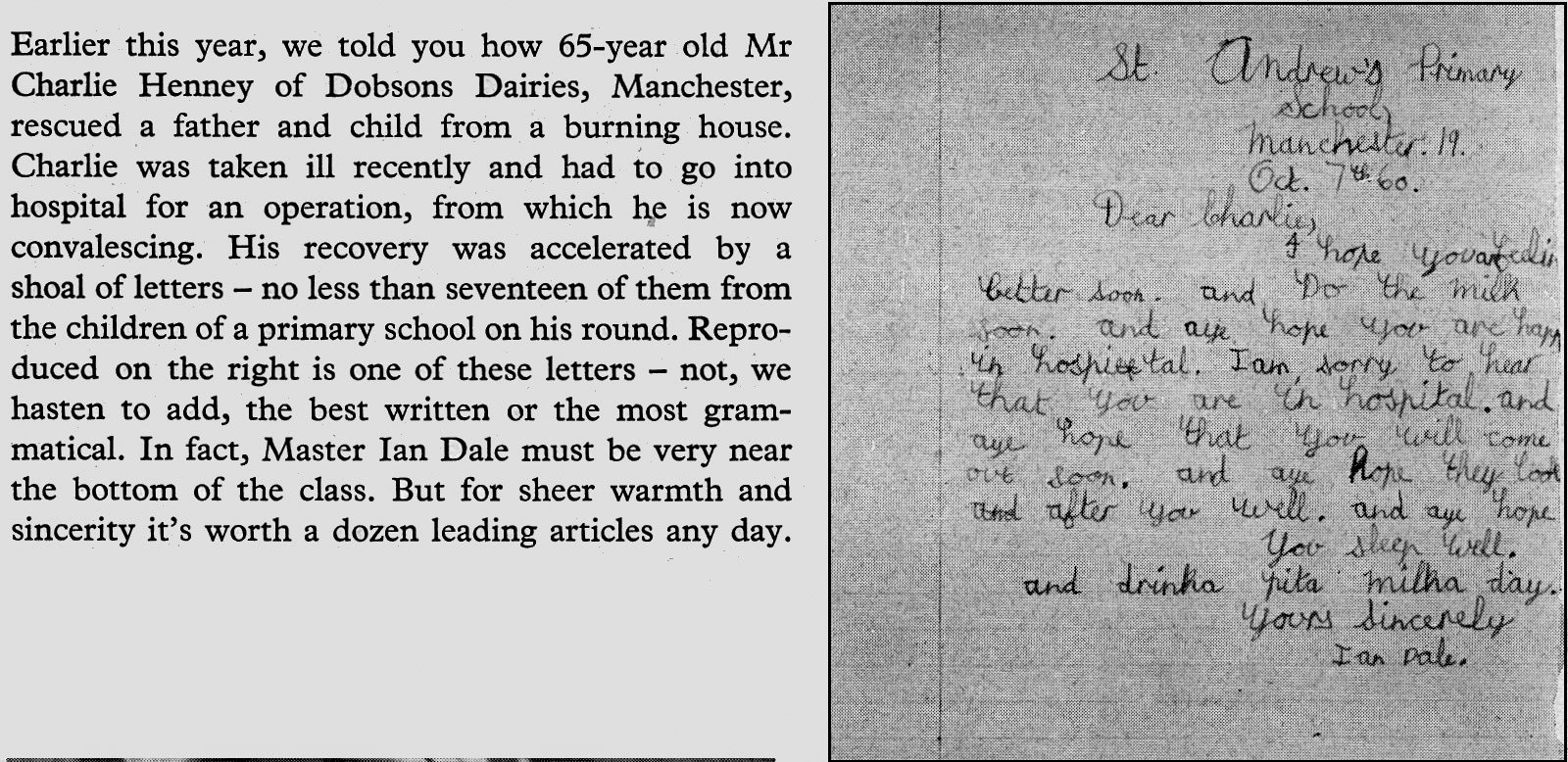 1960 Schoolboy Ian Dale writes to his milkman, Charlie Henney of Dobson's Dairies, Manchester, wishing him a quick recovery in hospital. (Express News Christmas)