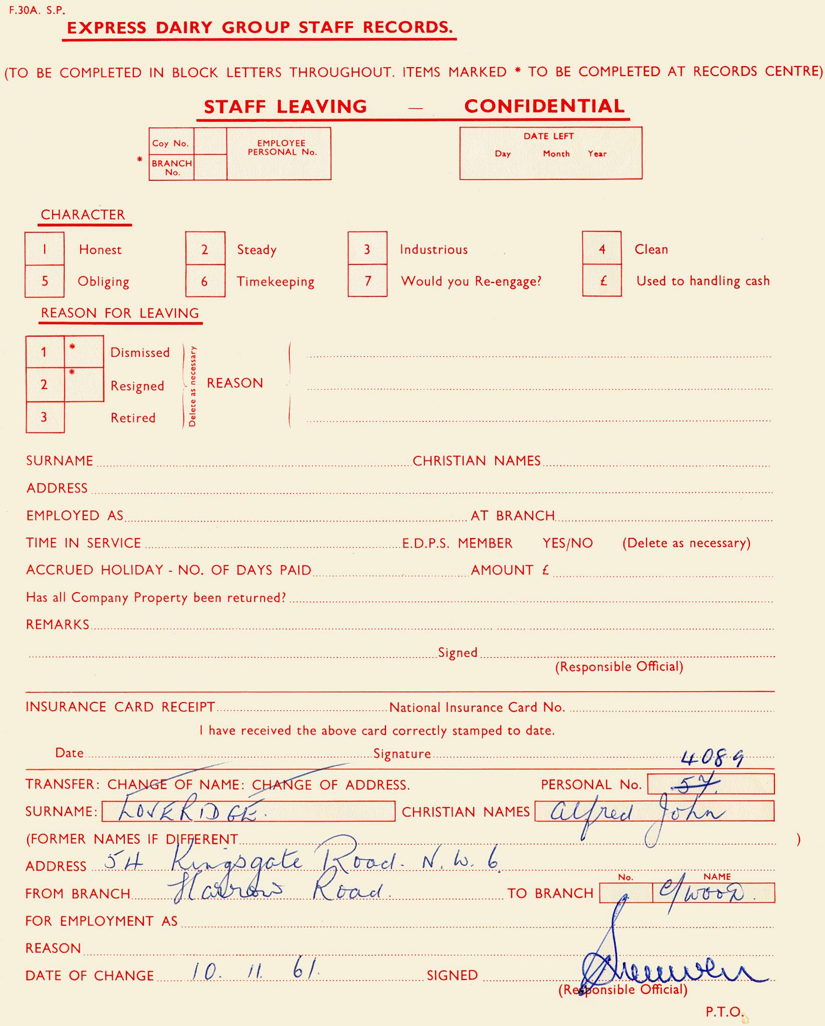 1961 Staff Transfer form for Alfred Loveridge, moving from Harrow Road to Cricklewood. (Courtesy Mark Hudson)