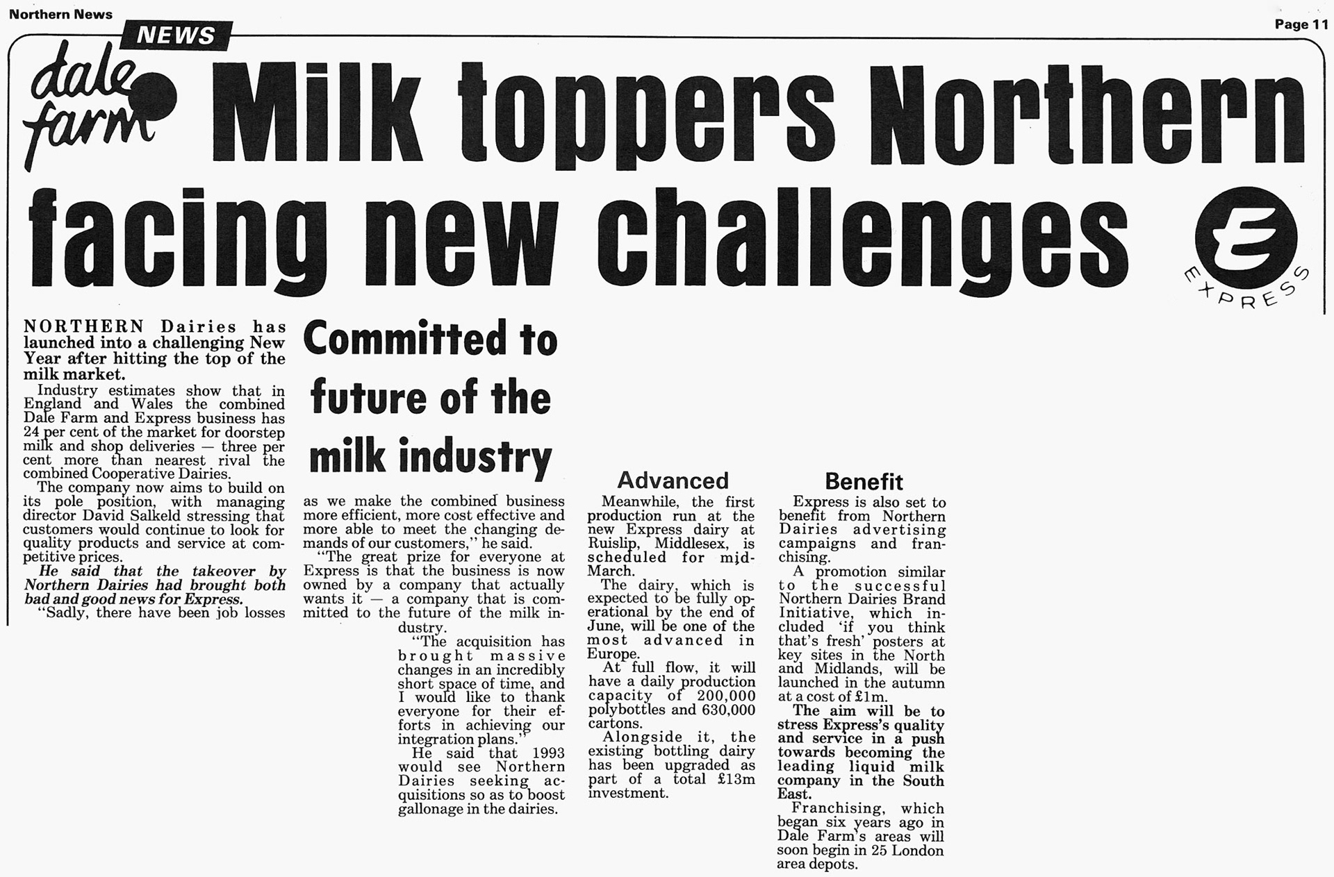 1993 Northern Foods comment on the takeover of Express, and the coming opening of the newly equipped Ruislip dairy. (Northern News Feb/March No 185, Courtesy Paul Luke)