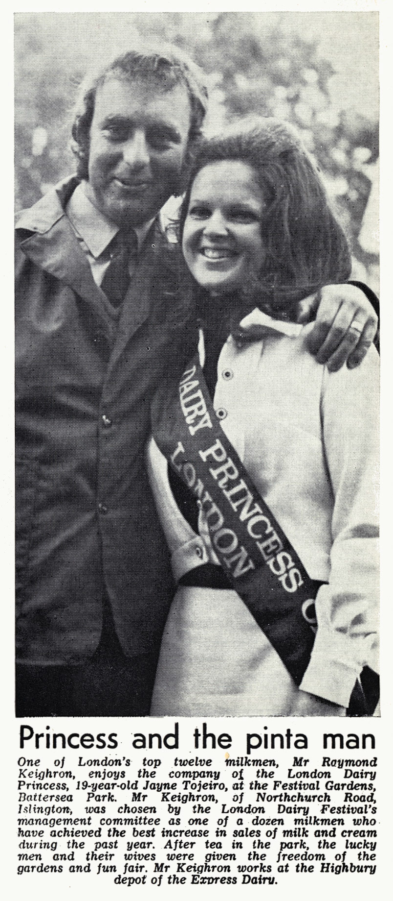 1971 Highbury top milkman Raymond Keighron with London Dairy Princess for increase in sales of milk and cream. (Courtesy Doreen Williams)