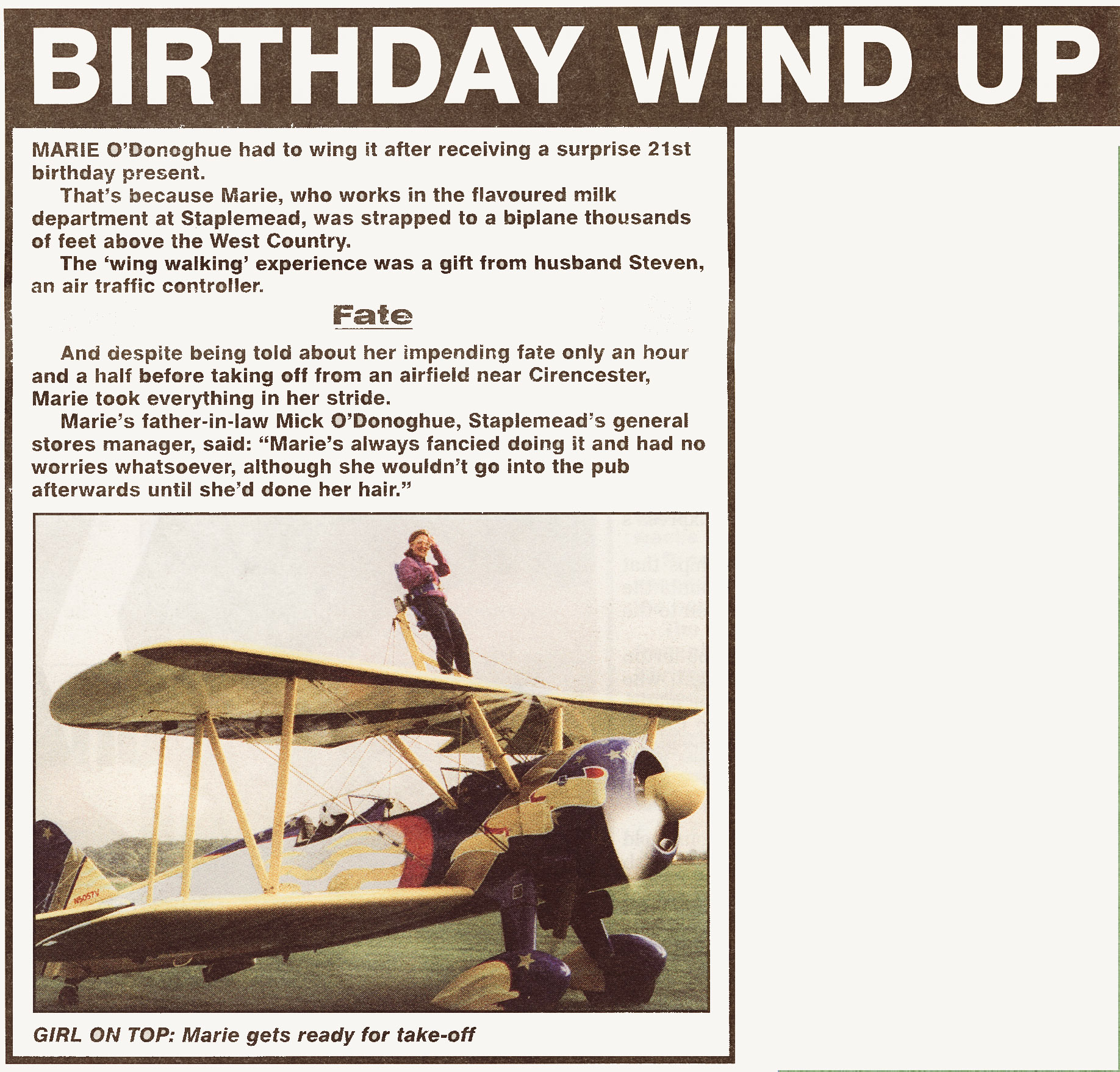 2001 Marie O'Donoghue from Staplemead flavoured milk department celebrates her 21st Birthday wing-walking. (Courtesy Michael Aldread)