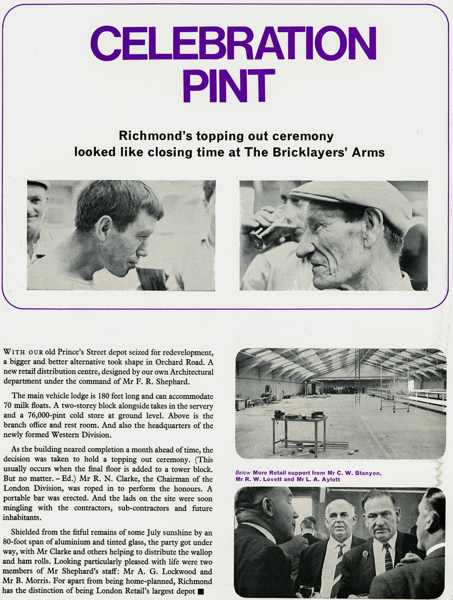 1966 Richmond Depot topping out ceremony, with Mr L.A. Aylott, Mr R. N. Clarke, David Wakefield, Jim Hodges and Austin Lockwood.  (Express News Autumn &amp; Christmas)