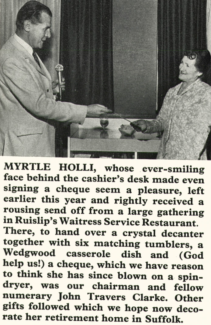 1976 Myrtle Holli, cashier in South Ruislip's waitress service restaurant, retires with presents from John Travers Clarke. (Express News Christmas)