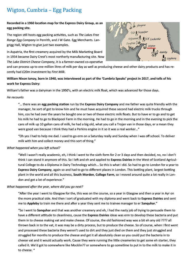 1950's-1960's Wigton Egg Packing and Express Dairy recollections of William Nixon Ismay, who worked at many Express sites. (Express Dairy Tales publication)
