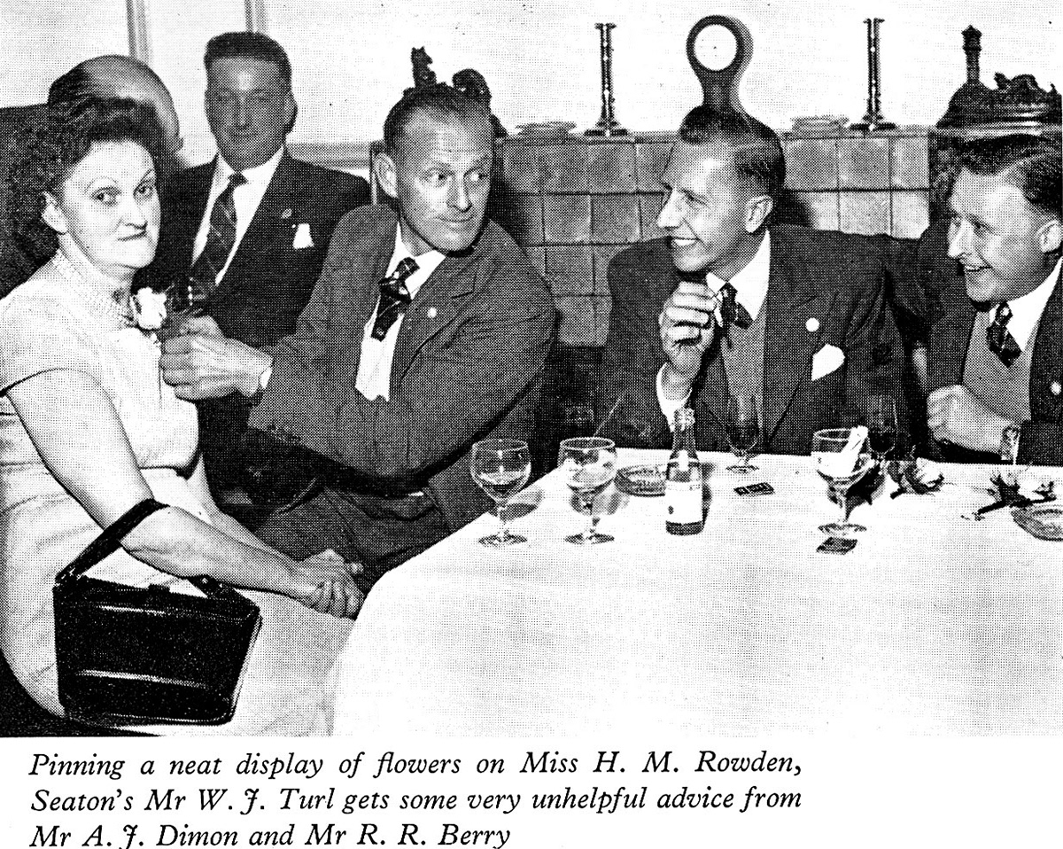 1961 Long Service Dinner at Exeter, with Seaton Junction staff Mr W.J. Turl, Mr A.J. Dimon, Mr R.R. Berry and Miss H.M. Rowden.  (LSA Annual Review)