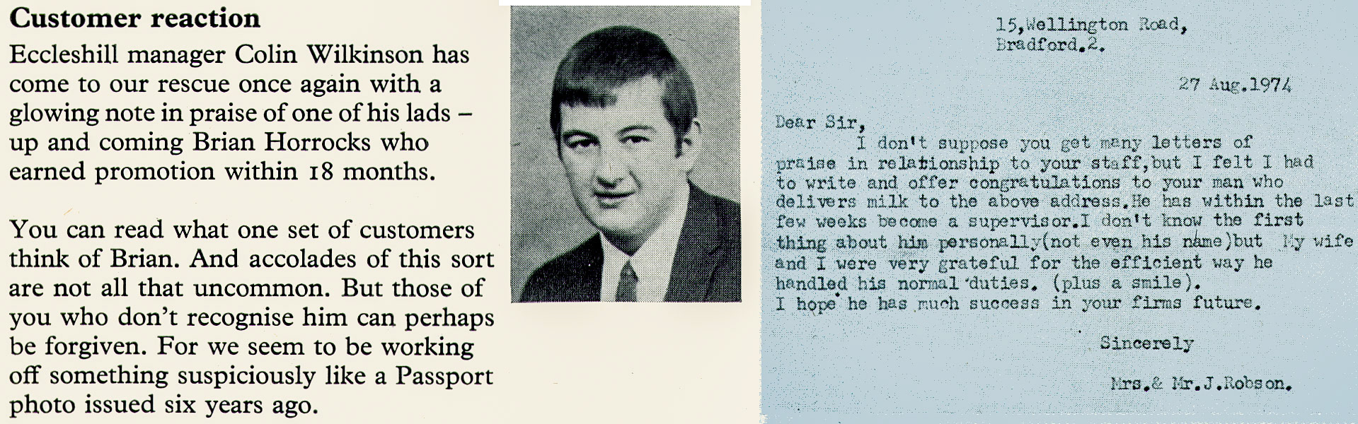 1974 Brian Horrocks, Eccleshill milkman receives praise from customers and manager Colin Wilkinson. (Express News Christmas)