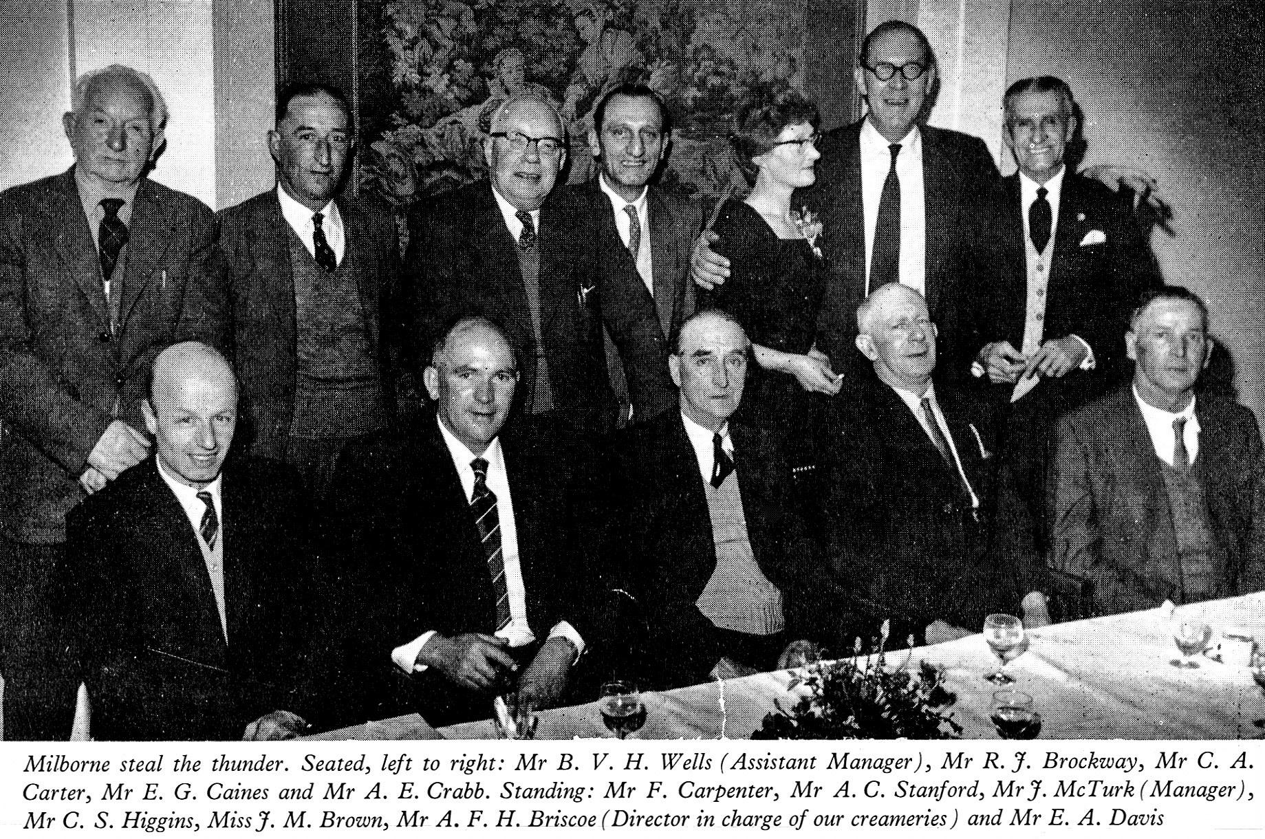 1961 Long Service Dinner at Fortt's Restaurant, Bath, with Milborne staff-sitting: Mr B.V.H. Wells (Assistant Manager), Mr R.J. Brockway, Mr C.A. Carter, Mr E.G. Gaines, Mr A.E. Crabbe. Standing: Mr F. Carpenter, Mr A.C. Stanford, Mr J. McTurk (Manager), Mr C.S. Higgins, Miss J.M. Brown, Mr A.F. Briscoe (Creameries Director) and Mr E.A Davis. (LSA Annual Review)
