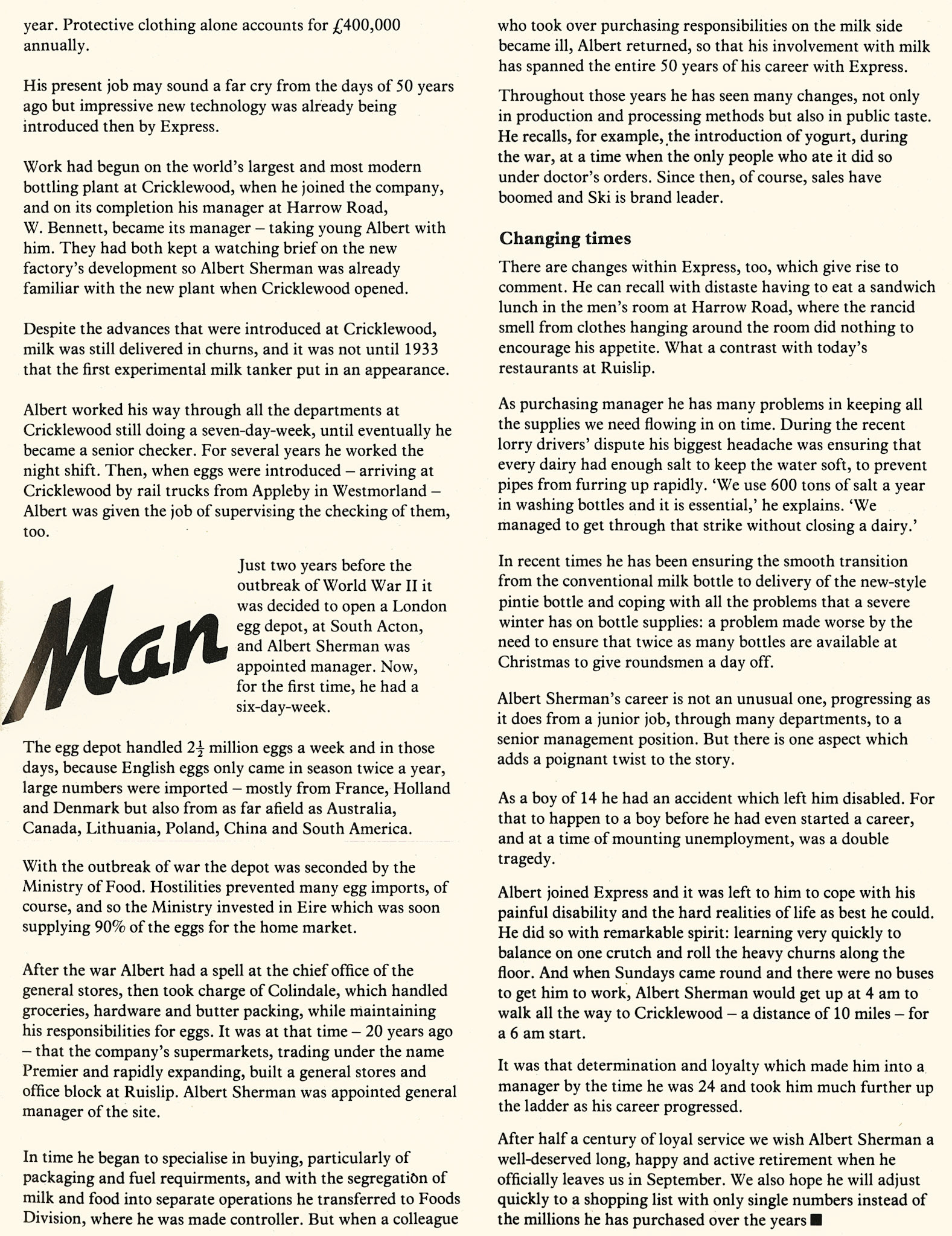 1979 Profile of Albert Sherman, about to retire after 50 years with Express. (Express News Summer)