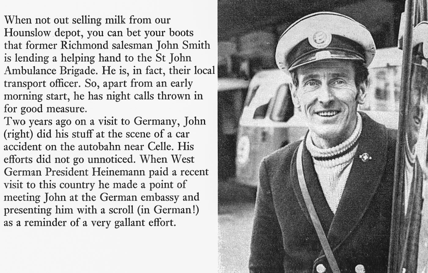 1973 Hounslow milkman John Smith also helps St John Ambulance. (Express News Spring)