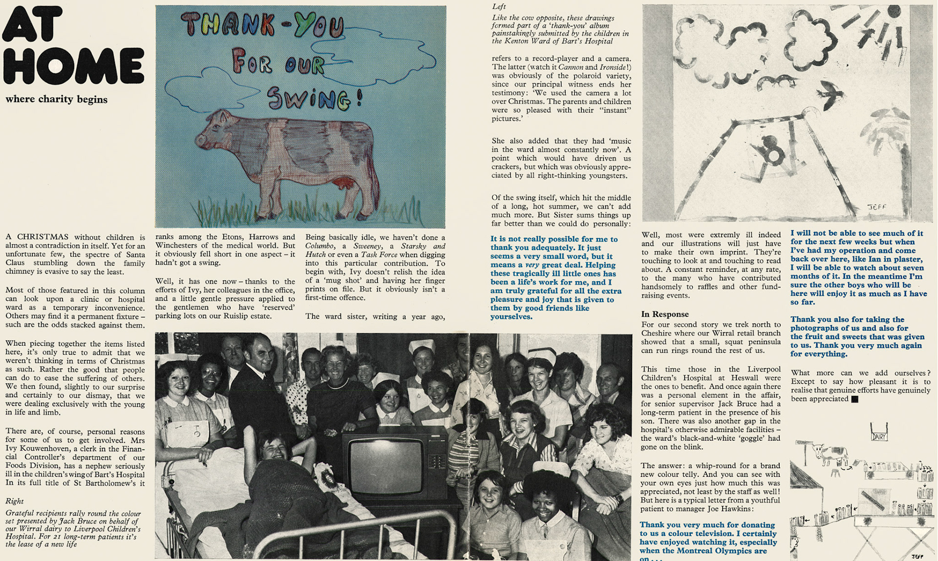 1976 Ivy Kouwenhoven and colleagues from Ruislip Foods Division Financial Control office helps Barts Hospital, and Senior Supervisor Jack Bruce does the same in Wirral, for the Liverpool Children's Hospital.  (Express News Christmas)