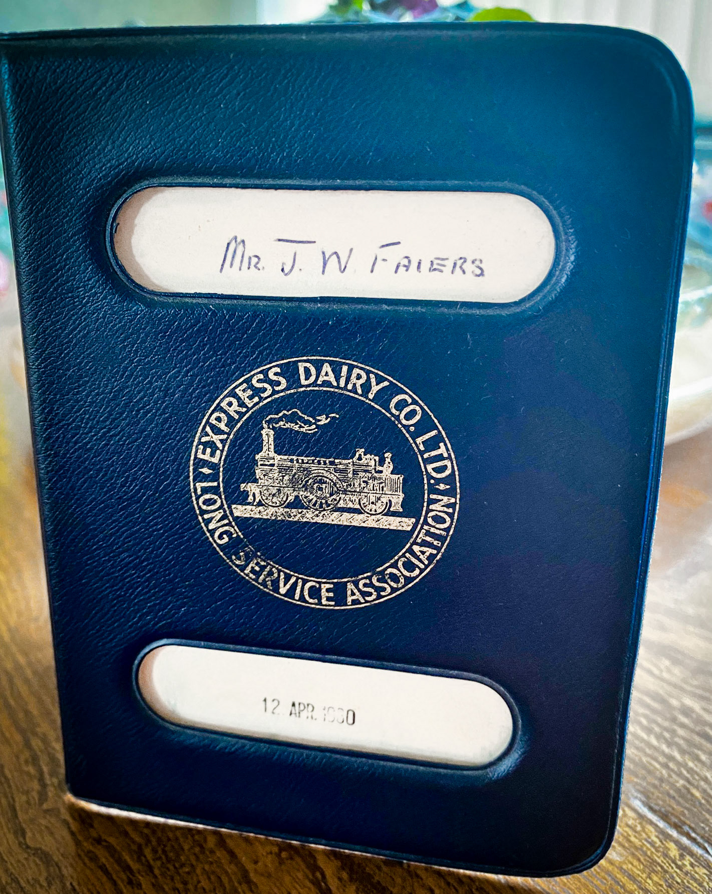1980, Jim Faiers 30 year long service 'passport'. (Courtesy Adam Faiers)