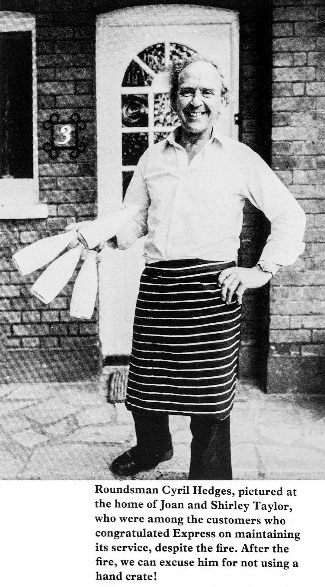 1979 St. Albans Retail fire-roundsman Cyril Hedges. Guy Fisher comments "Remember Cyril very well, used to help him out with his milk round as a young boy, around Salisbury Avenue. I also remember going to Cyril’s retirement party at the church on the corner of Homewood Road and Sandpit lane, around 82-84. I think he retired to Norfolk, lovely man. From memory, Cyril’s round started on Woodstock Road and included Salisbury Ave, part of Beaumont Ave, Jennings, perhaps Hamilton Road, Homeward Road and maybe Charmouth and Gurney Court Road." (Express News Autumn)
