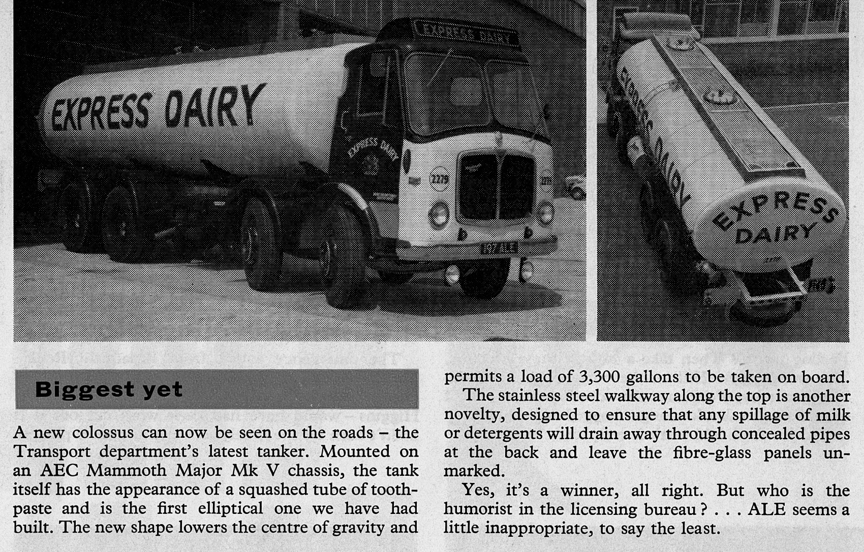 1960 New AEC 3,300 gallon milk tanker