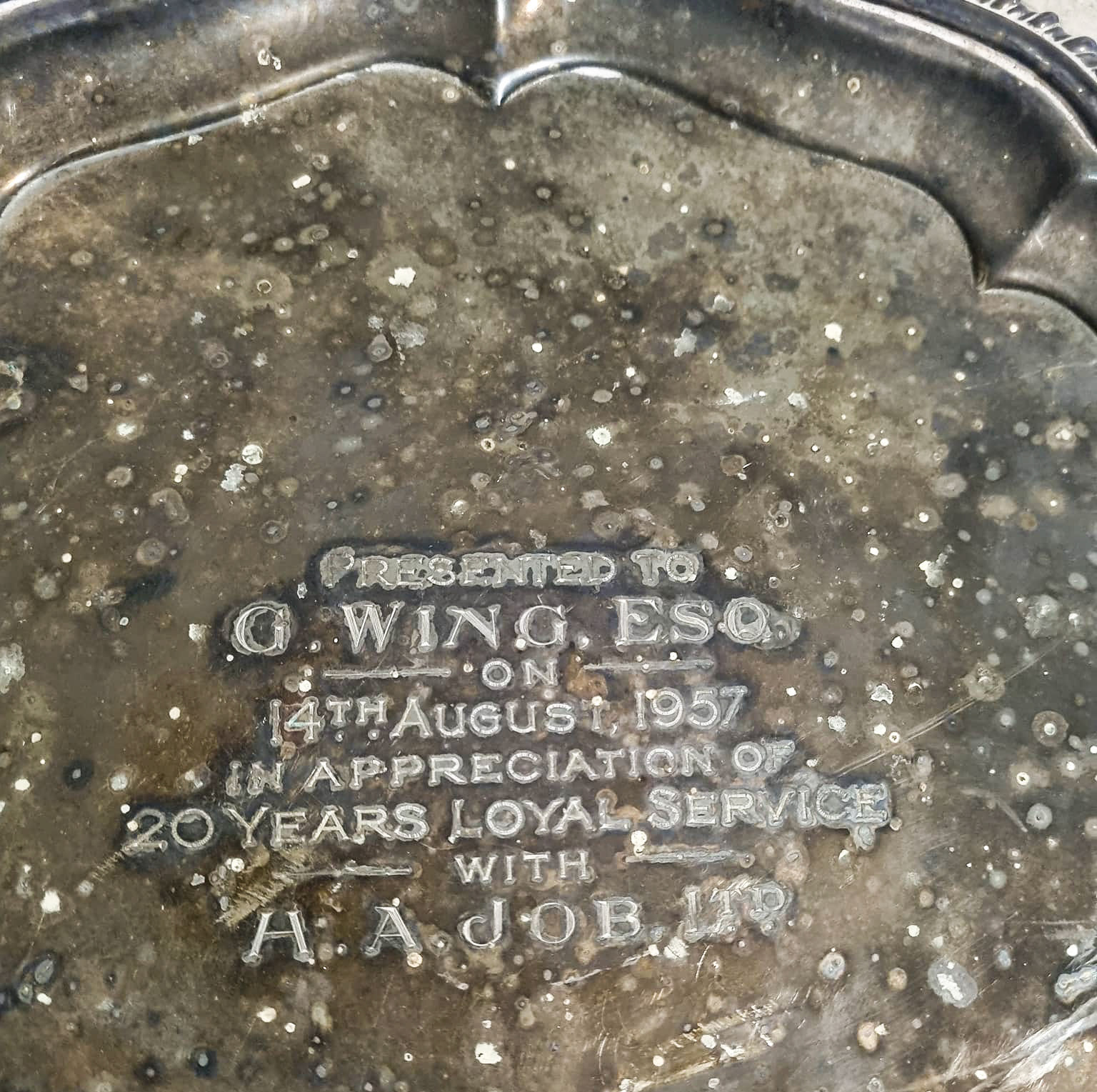 1957 Job's Dairy Didcot - silver plate presented to G. Wing for 20 years service. Sarah Jane Gillett comments "Packing up my home in Australia.  Lots of memories from Didcot-this would have been presented to my paternal Great Uncle" (Courtesy Sarah Jane Gillett)