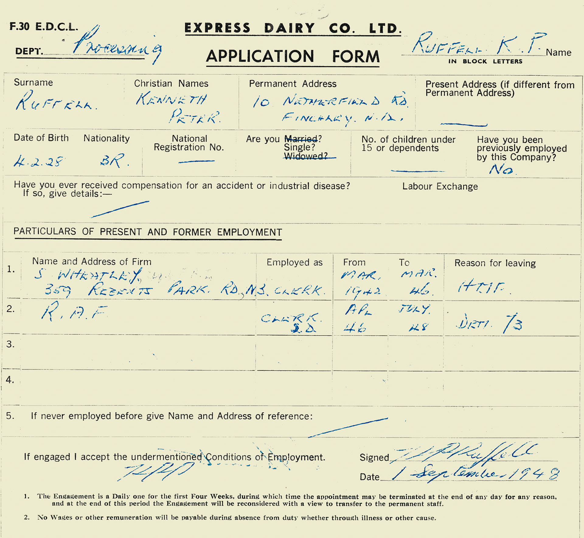 1948 Cricklewood staff application for Kenneth Ruffell, employed as Clerk. (Courtesy Mark Hudson)